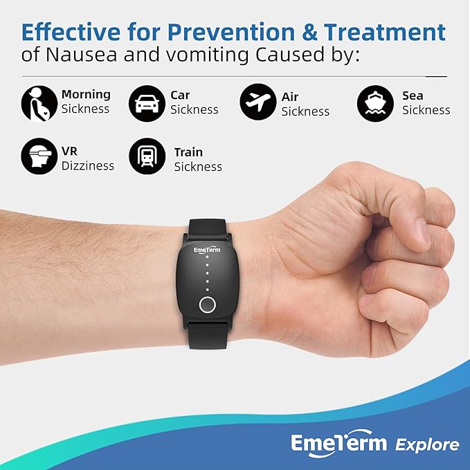 EmeTerm Explore FDA-Cleared Galaxy Black Anti-Nausea Wristband IP67 Waterproof Morning Motion Travel Sickness Vomit Relief Rechargeable Classic Strap Design No Gel Drug Free Without Side Effects