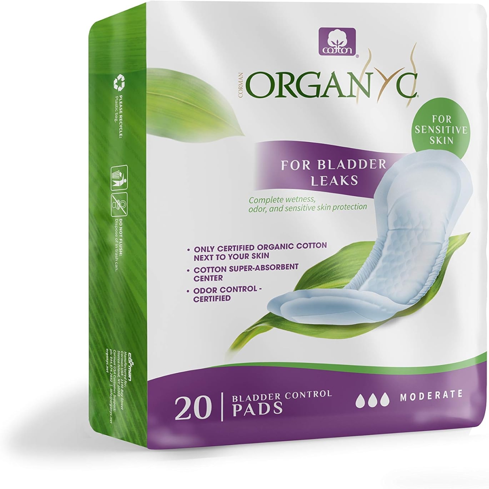 Organyc - 100% Organic Cotton Inside and Out Incontinence Pads for Bladder Leaks - Certified Odor Control, FSA/HSA Eligible, Moderate Flow, Regular Absorbency, 20 Count