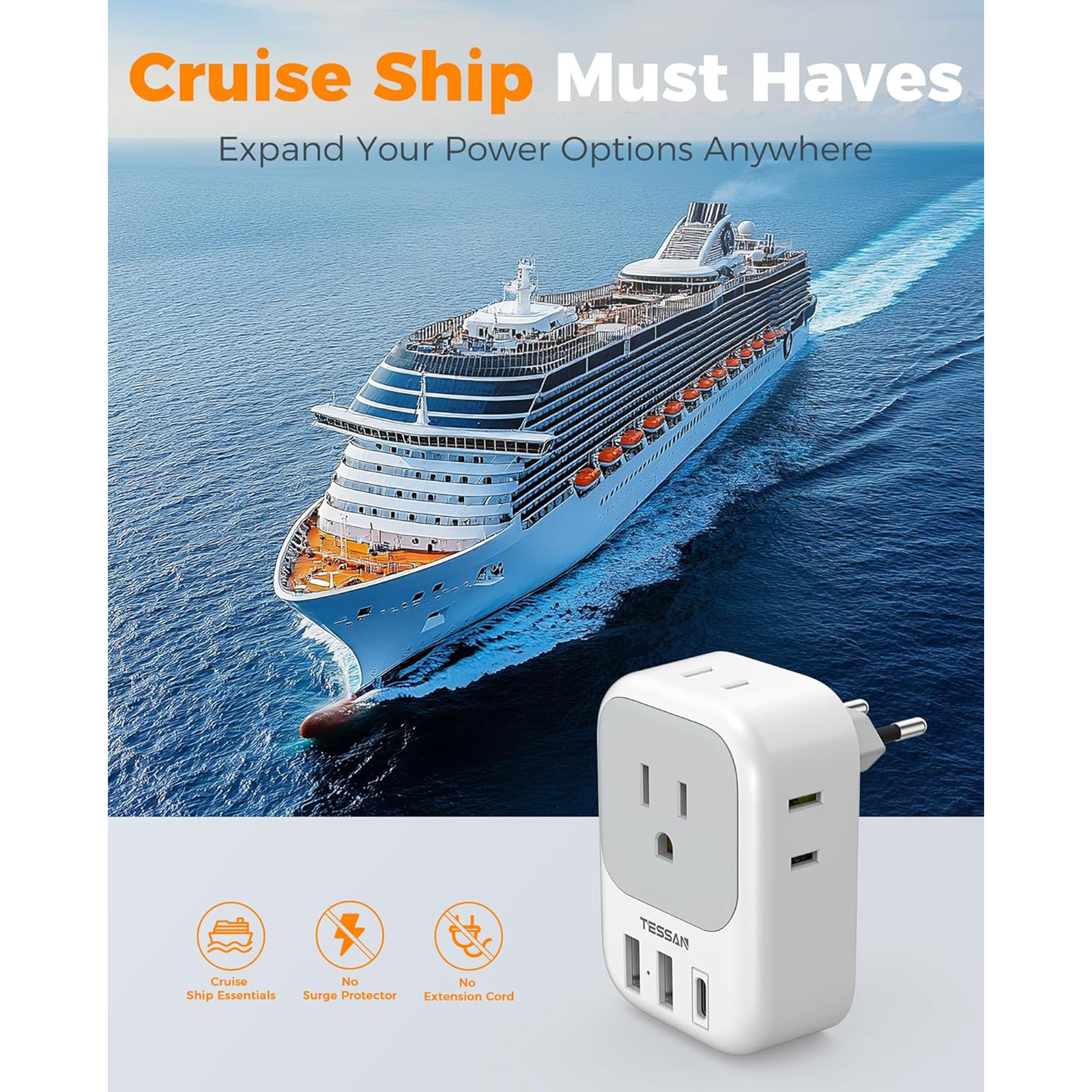 2 Pack European Plug Adapter USB C, TESSAN US to Europe Adapter 4 Outlets 3 USB