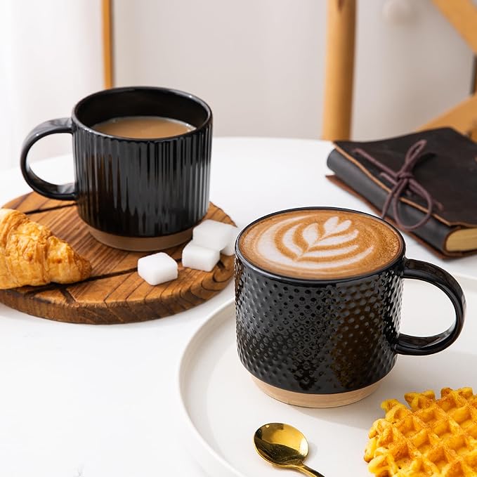 GBHOME 12OZ Stackable Coffee Mugs, Ceramic Coffee Mugs with Texture Patterns, Modern Coffee Mugs Set of 4 Dishwasher&Microwave Safe, Black
