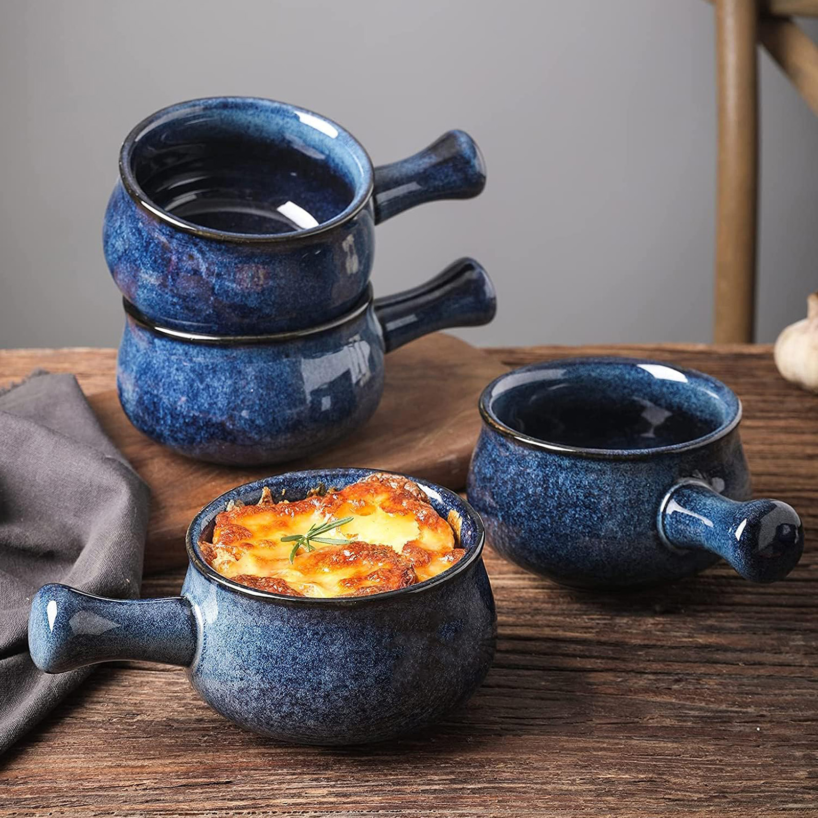 vicrays French Onion Soup Bowls With Handles, 26 Ounce for Soup, Set of 4 (Blue)