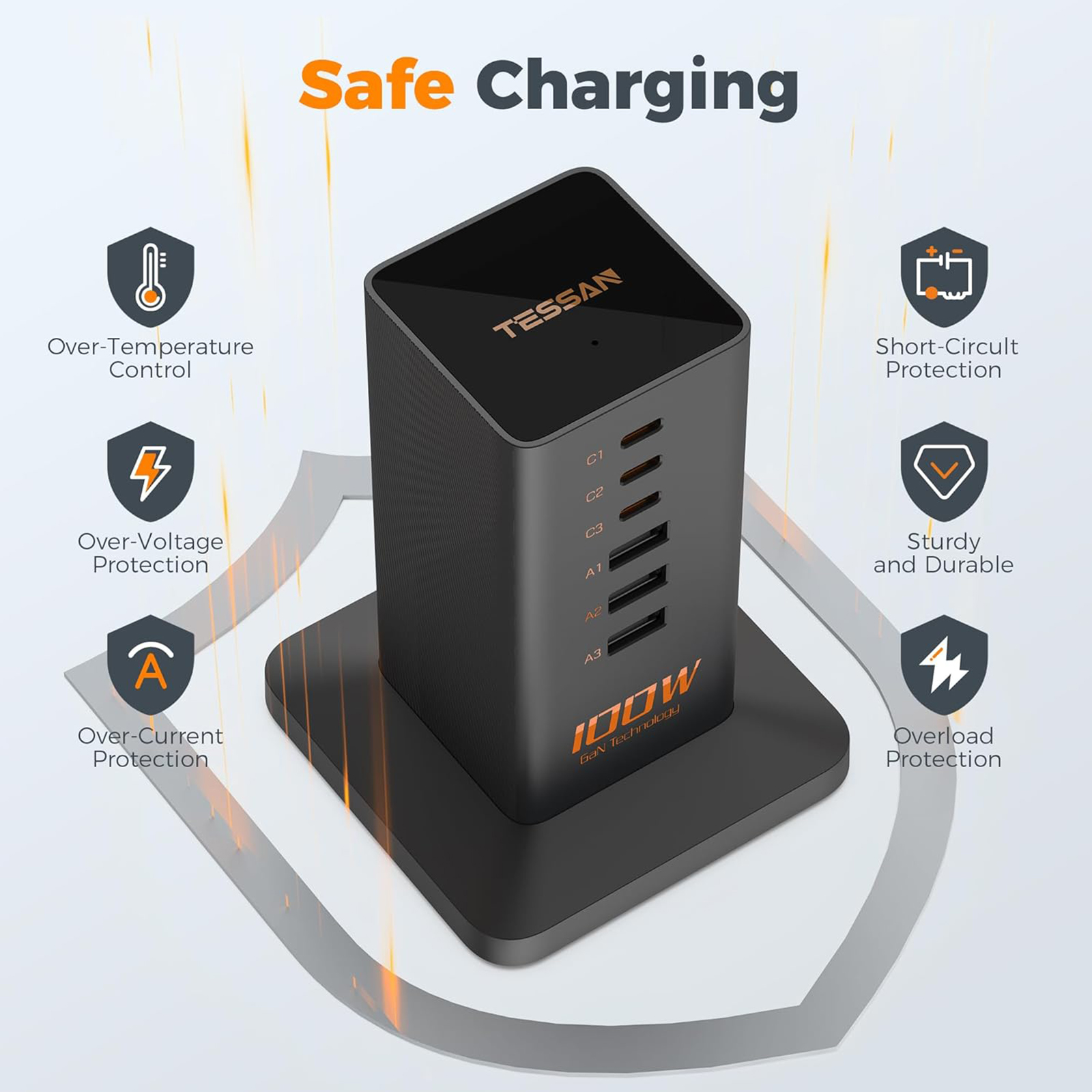 USB C Charger Blcok PD 100W, TESSAN 6-in-1 Charging Station for Multiple Devices, Desktop Tower Charger with 6 USB Ports for iPhone 16/15, MacBook, Tablet, Office Home Dorm Room Accessories