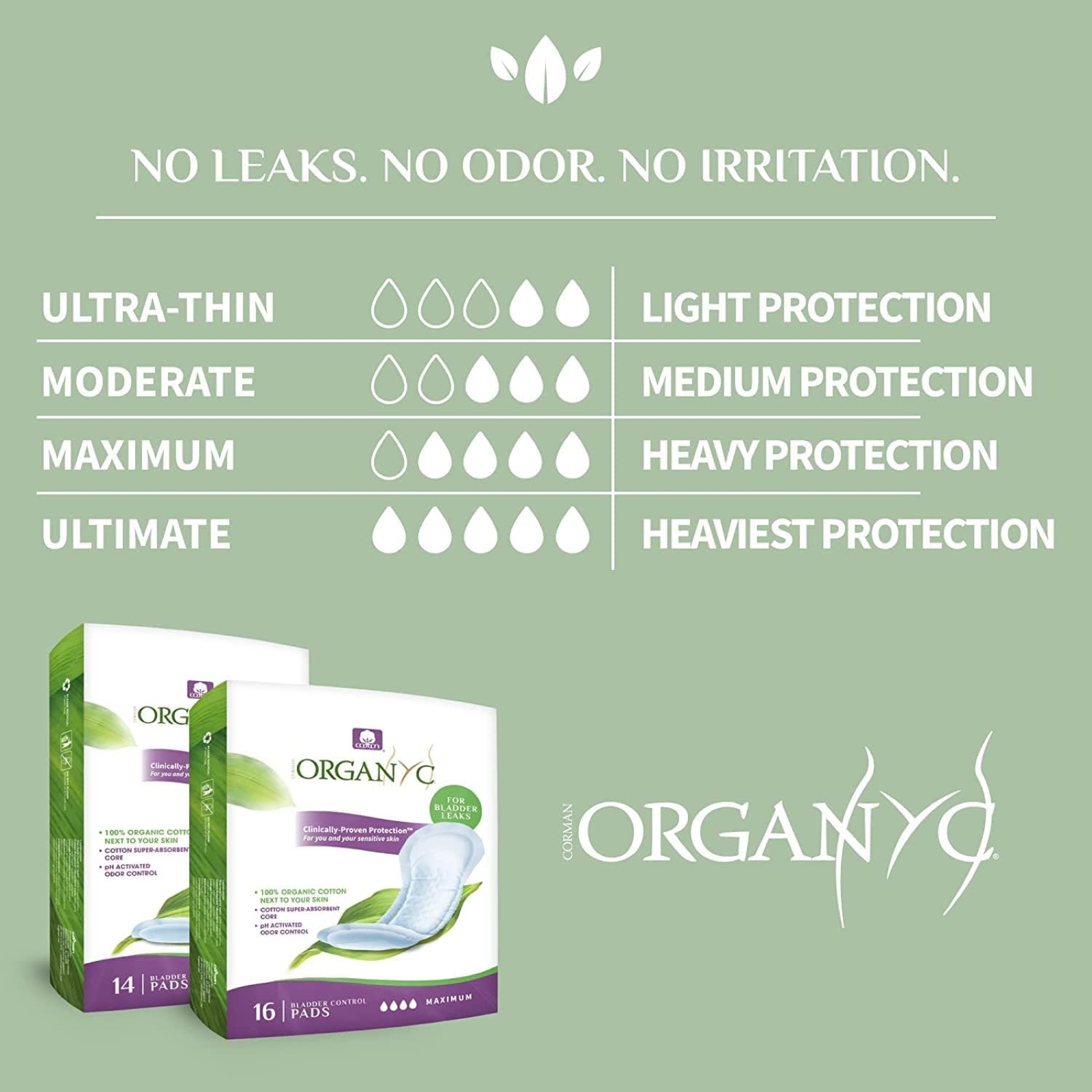 Organyc - 100% Organic Cotton Inside and Out Incontinence Pads for Bladder Leaks - Certified Odor Control, FSA/HSA Eligible, Moderate Flow, Regular Absorbency, 20 Count