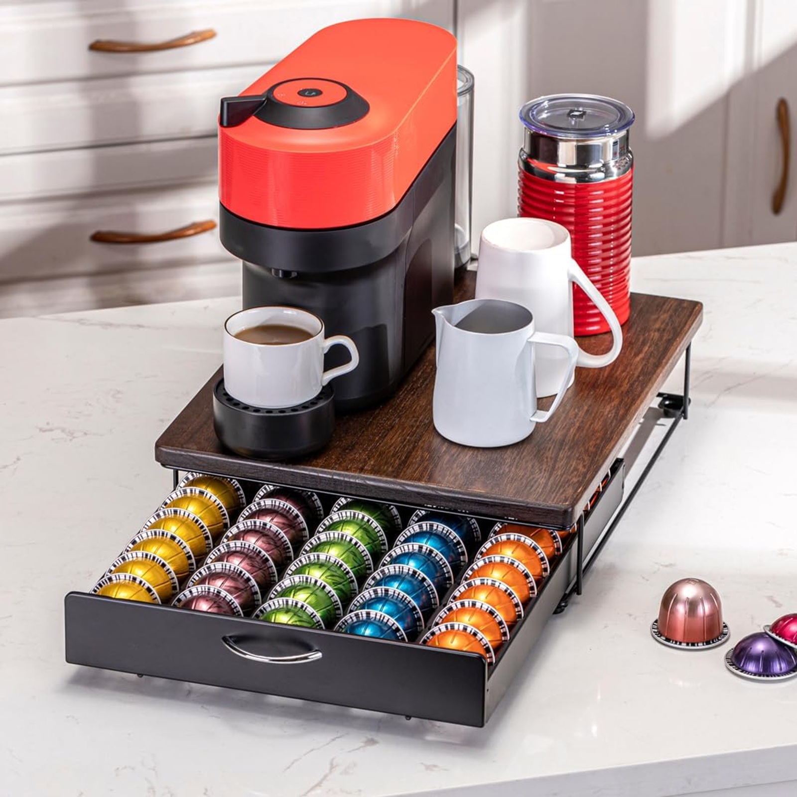 Flagship for Nespresso Pod Holder Vertuo Pod Drawer Coffee Pod Storage for Vertuo Pod with Elegant Wood Top(50 Pods Capacity)