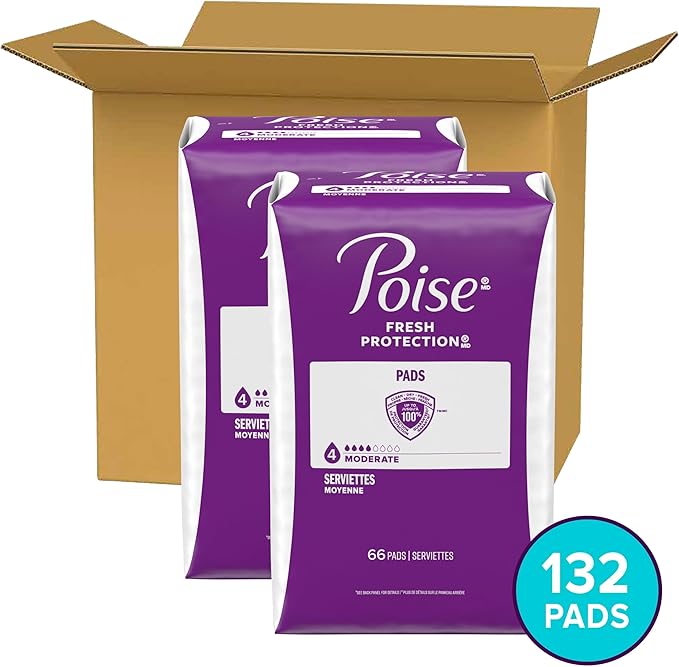 Poise Incontinence & Postpartum Pads for Bladder Leaks, 4 Drop Moderate Absorbency, Regular Length, 132 Count, Packaging May Vary