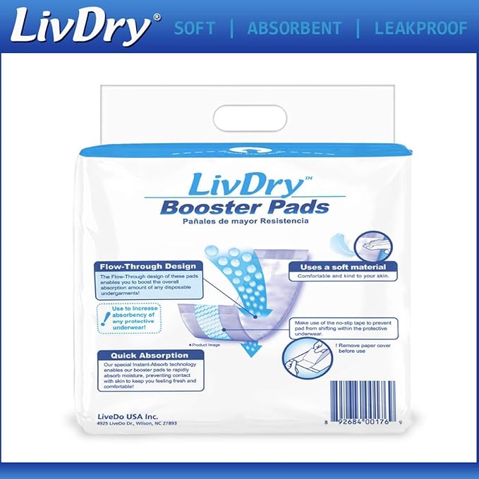 LivDry Incontinence Booster Pads, Use with Adult Diapers for Women and Men, Extra Comfort Softness, Disposable Pad (80 Count, Regular Length)