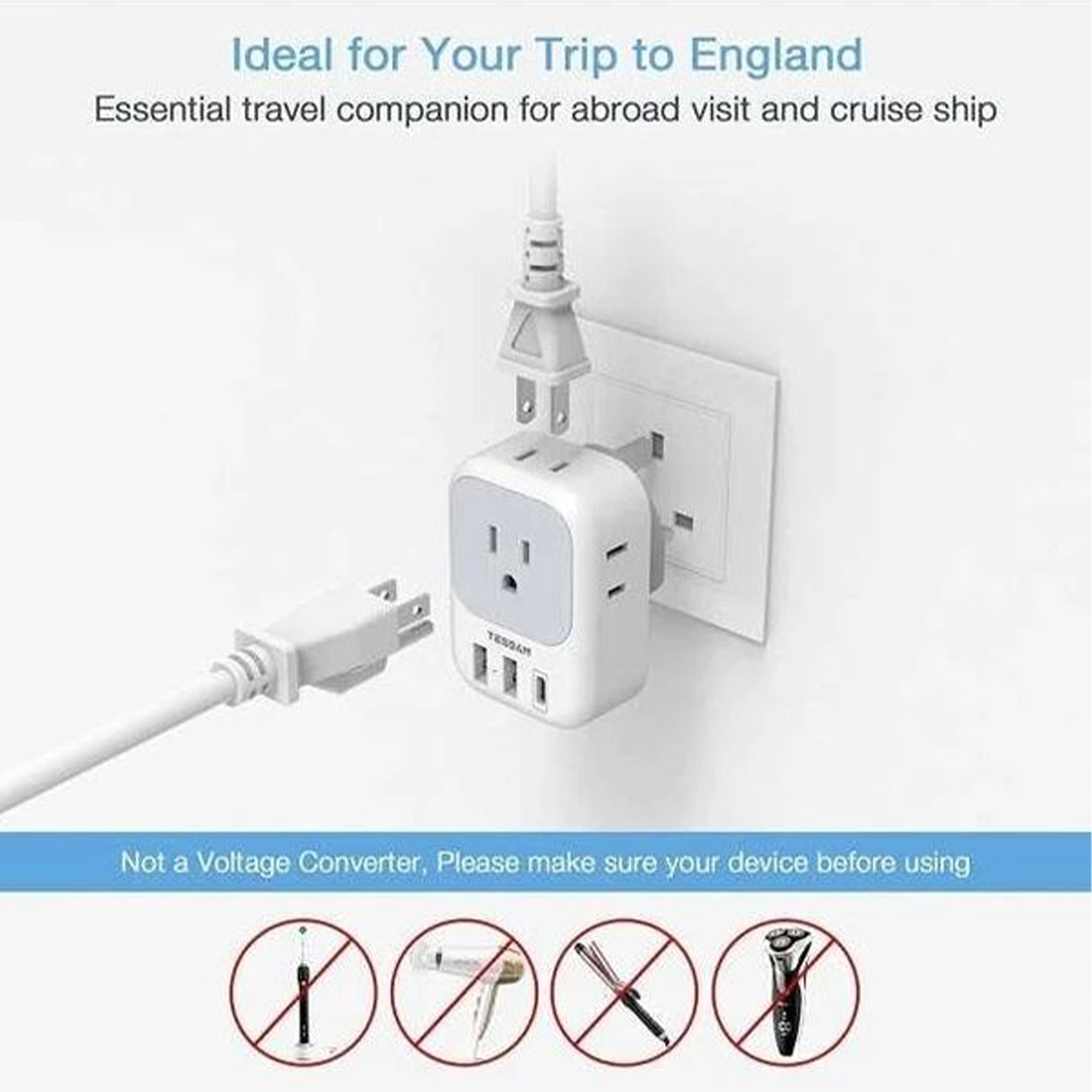 3-PACK: US To UK/HK/Saudi Arabia Travel Adapter With 4 Outlets 3 USB Ports (Fast Charging PD 15W)