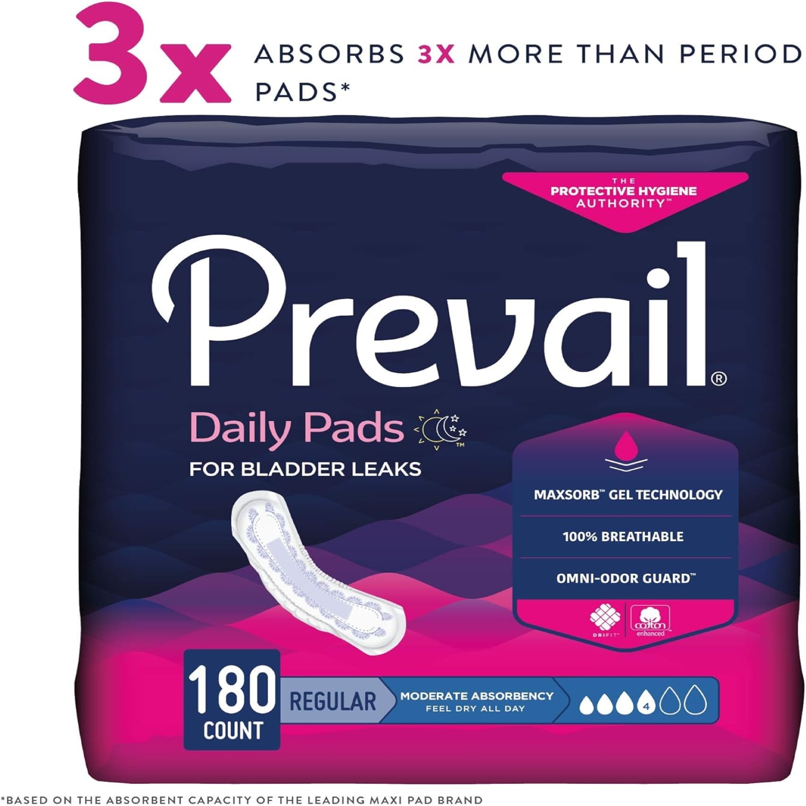 Prevail Incontinence Bladder Control Pads for Women, Moderate Absorbency, Regular Length, 180 Count (packaging may vary)