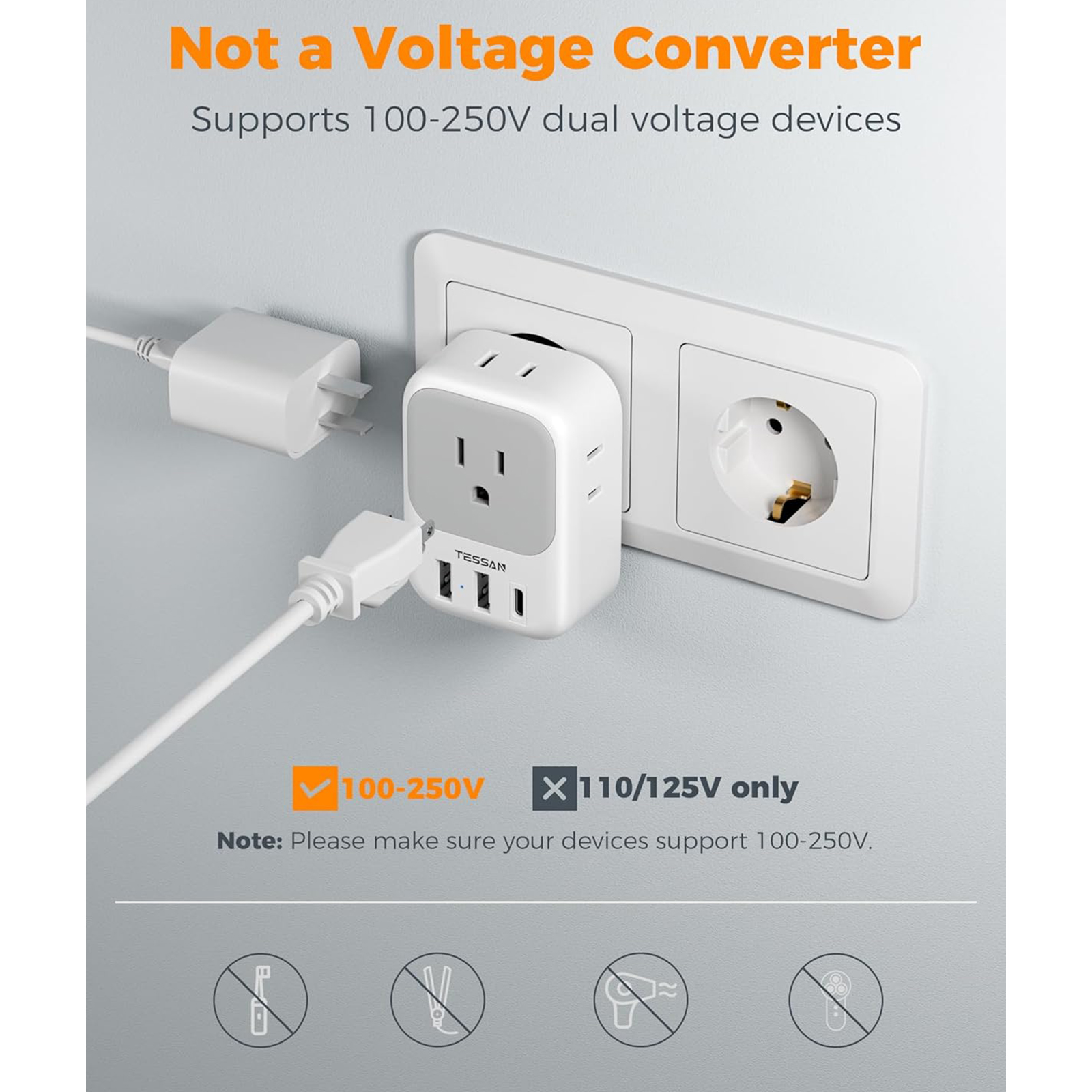 TESSAN European Travel Plug Adapter USB C 3 Pack, US to Europe Plug Adaptor with 4 AC Outlets 3 USB Charging Ports, Type C Power Adapter for USA to EU Euro Spain France Iceland Italy Germany Greece