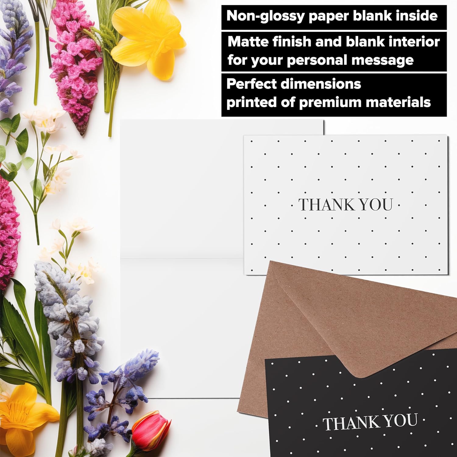 Thank you cards with kraft envelopes and stickers, pack of 100 psc, 4x6 inch, 4 designs, suitable for business, wedding, bridal & baby shower, funeral