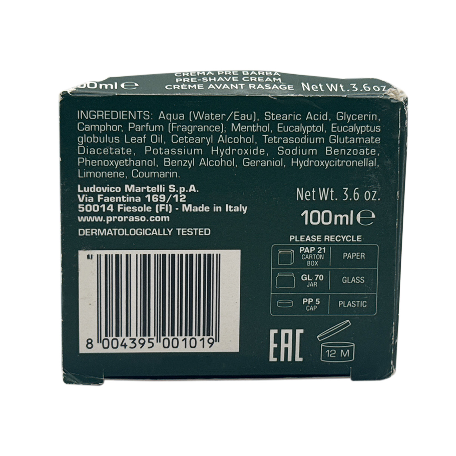 Proraso Pre-Shave Conditioning Cream for Men, Refreshing and Toning with Menthol and Eucalyptus Oil, 3.6 oz
