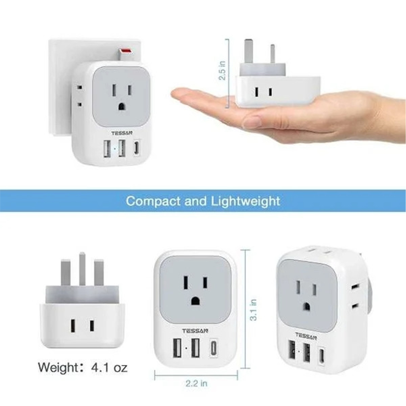 3-PACK: US To UK/HK/Saudi Arabia Travel Adapter With 4 Outlets 3 USB Ports (Fast Charging PD 15W)