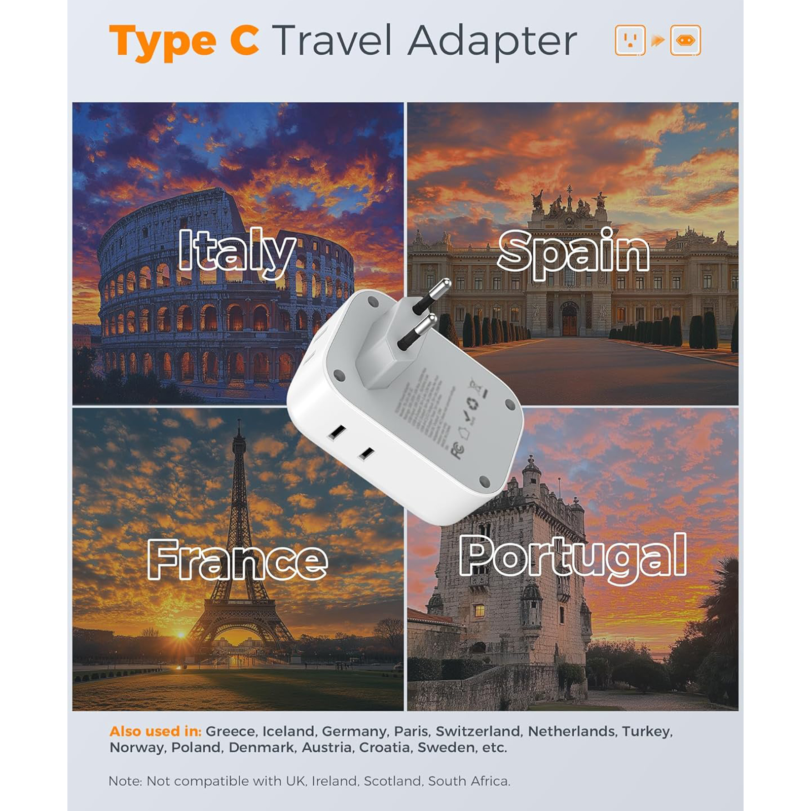 TESSAN European Travel Plug Adapter USB C 3 Pack, US to Europe Plug Adaptor with 4 AC Outlets 3 USB Charging Ports, Type C Power Adapter for USA to EU Euro Spain France Iceland Italy Germany Greece