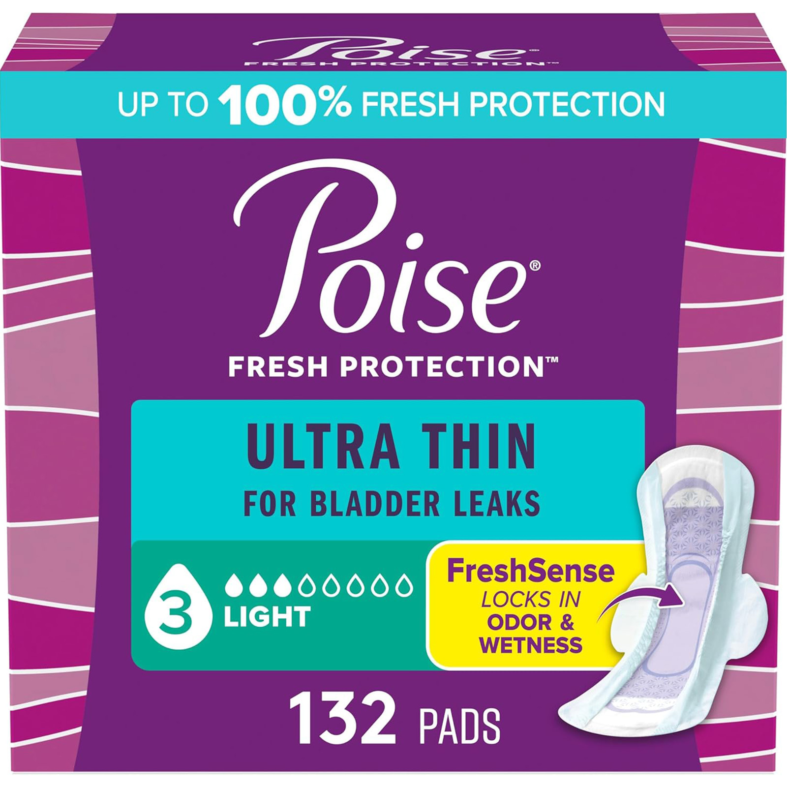 Poise Ultra Thin Incontinence Pads for Women, 3 Drop Light Absorbency, 132 Count