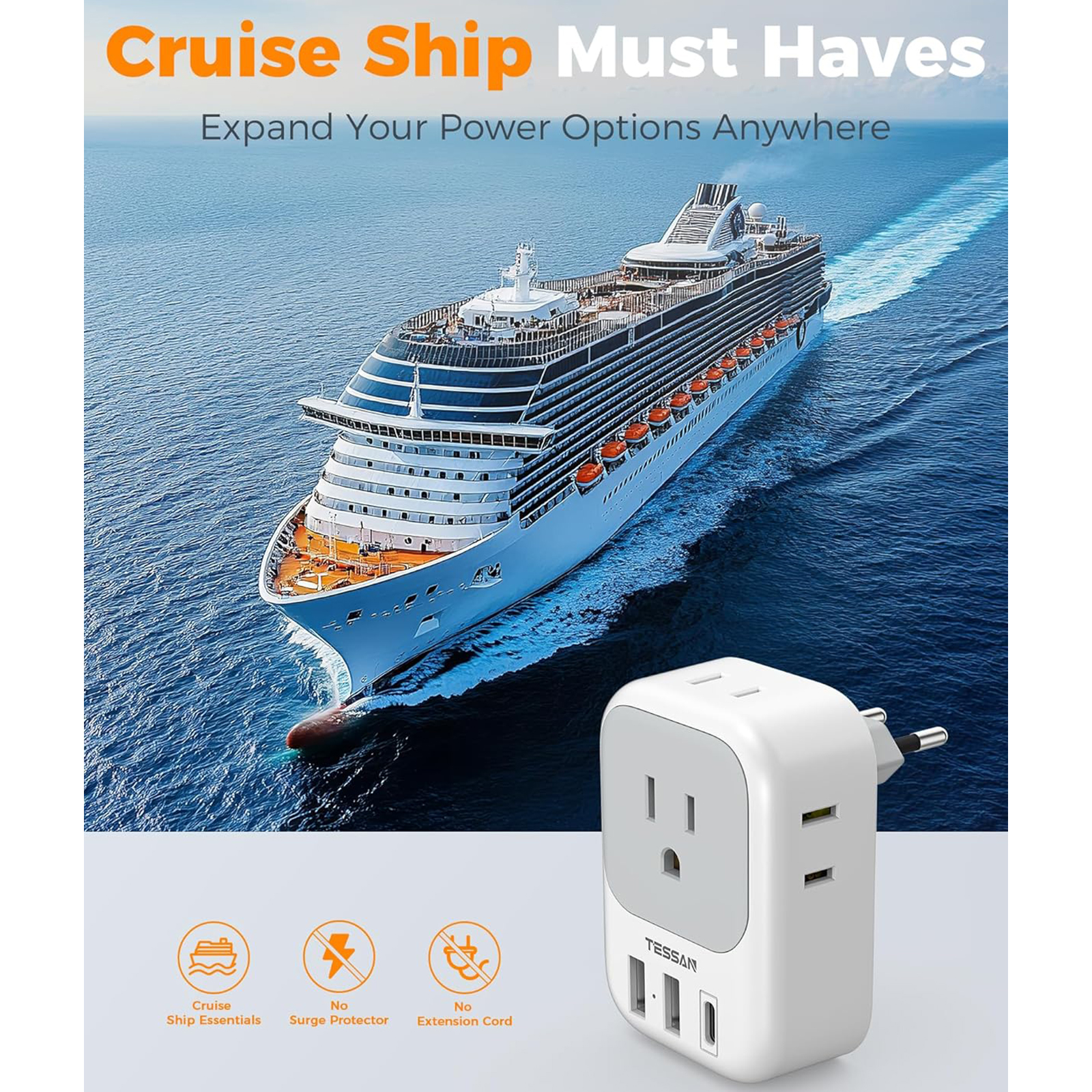 TESSAN European Travel Plug Adapter USB C 3 Pack, US to Europe Plug Adaptor with 4 AC Outlets 3 USB Charging Ports, Type C Power Adapter for USA to EU Euro Spain France Iceland Italy Germany Greece
