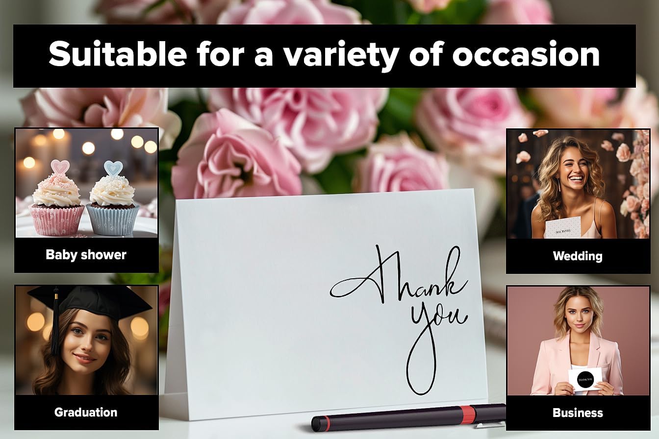 Thank you cards with kraft envelopes and stickers, pack of 100 psc, 4x6 inch, 4 designs, suitable for business, wedding, bridal & baby shower, funeral