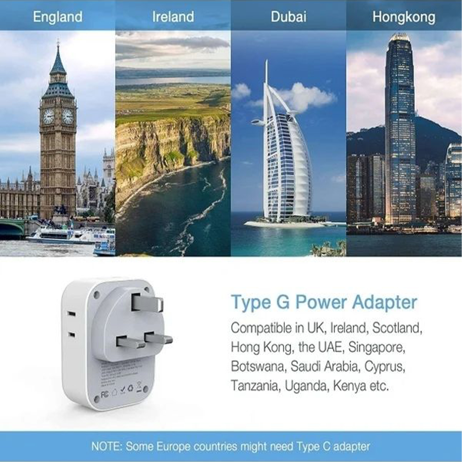 3-PACK: US To UK/HK/Saudi Arabia Travel Adapter With 4 Outlets 3 USB Ports (Fast Charging PD 15W)