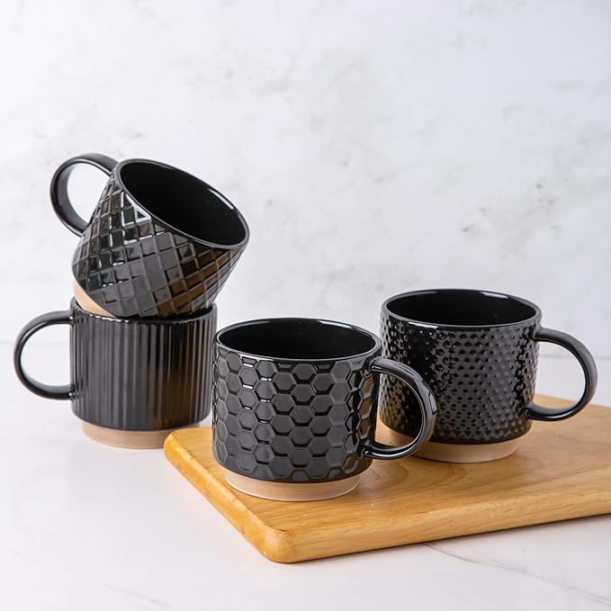 GBHOME 12OZ Stackable Coffee Mugs, Ceramic Coffee Mugs with Texture Patterns, Modern Coffee Mugs Set of 4 Dishwasher&Microwave Safe, Black