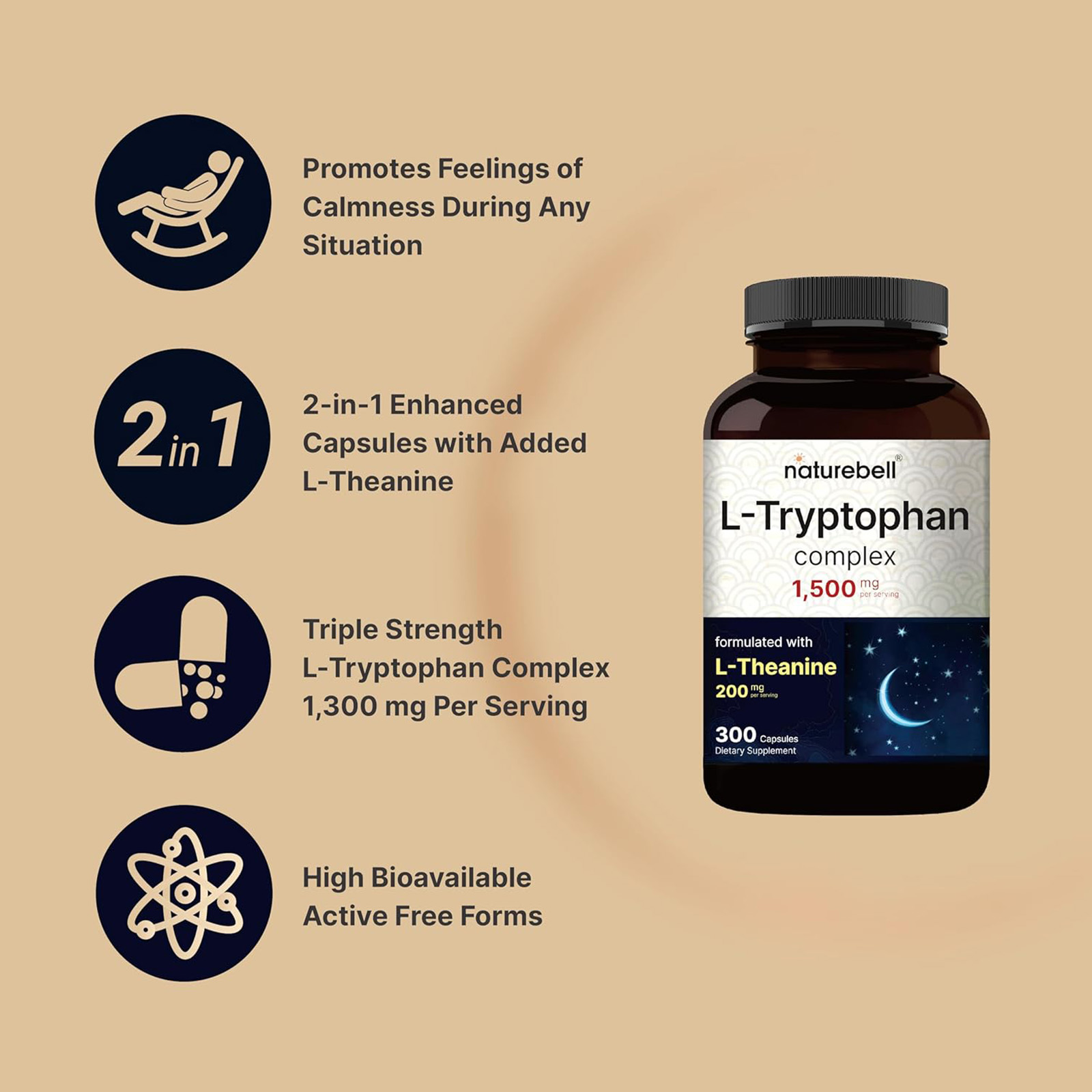 NatureBell L Tryptophan 1300mg with L Theanine 200mg, 300 Capsules