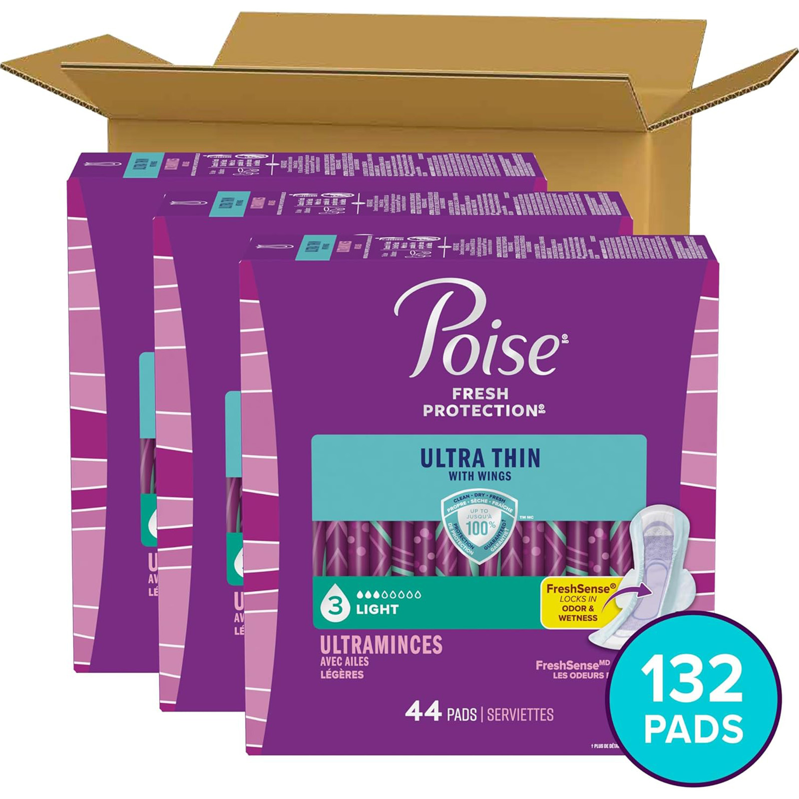 Poise Ultra Thin Incontinence Pads for Women, 3 Drop Light Absorbency, 132 Count