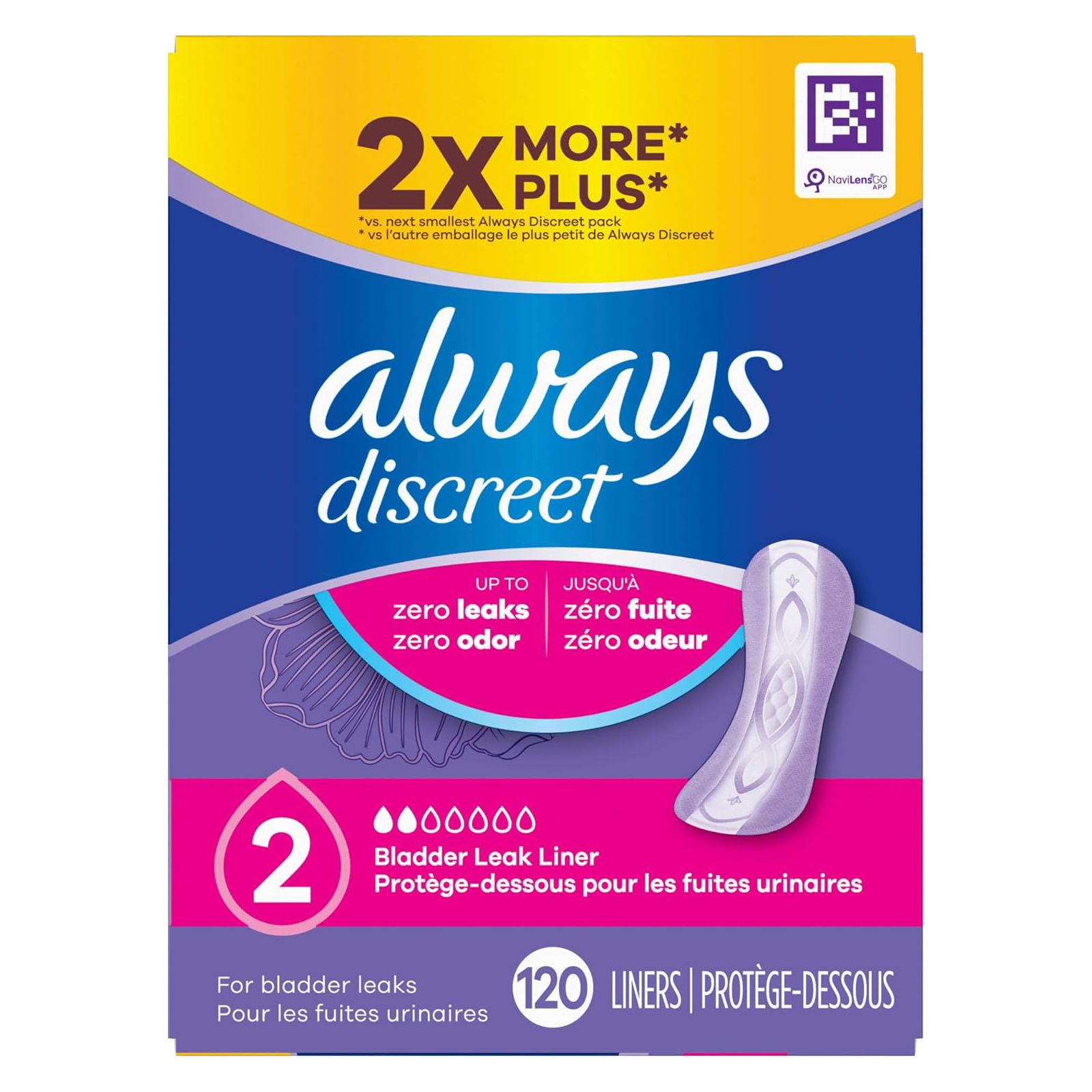 Always Discreet Adult Incontinence & Postpartum Liners for Women, Size 2, Very Light Absorbency, Regular Length, 120 Count (Packaging May Vary)