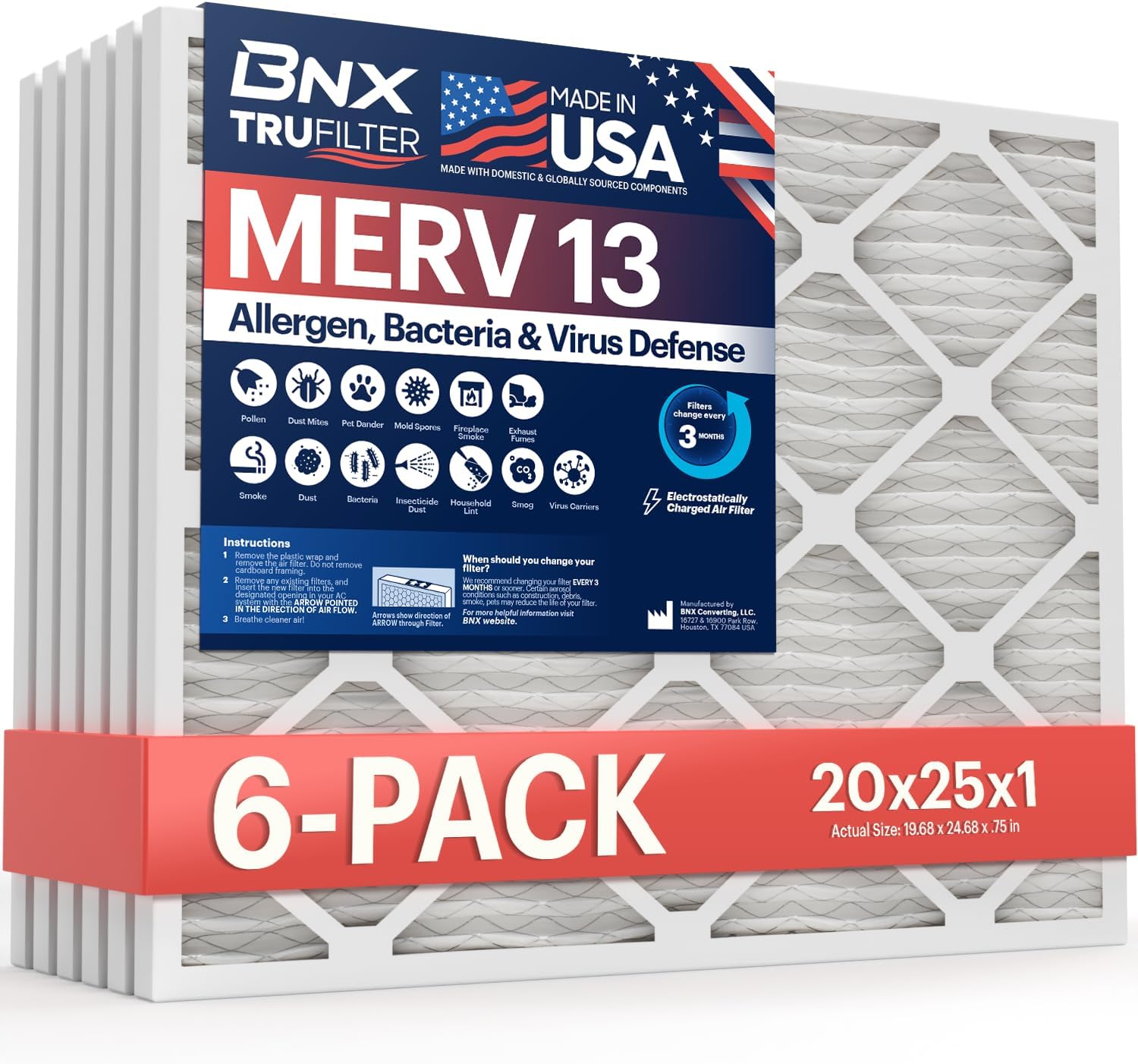 BNX TruFilter 20x25x1 Air Filter - MERV 13 - 6 Pack