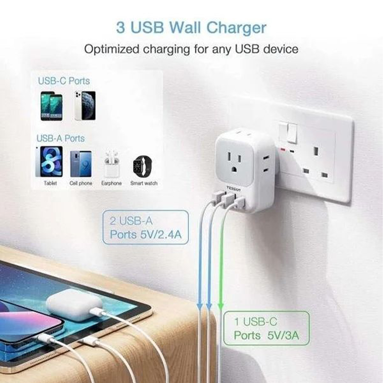 3-PACK: US To UK/HK/Saudi Arabia Travel Adapter With 4 Outlets 3 USB Ports (Fast Charging PD 15W)