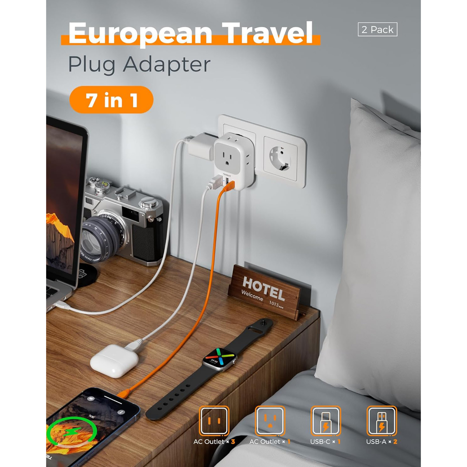 2 Pack European Plug Adapter USB C, TESSAN US to Europe Adapter 4 Outlets 3 USB