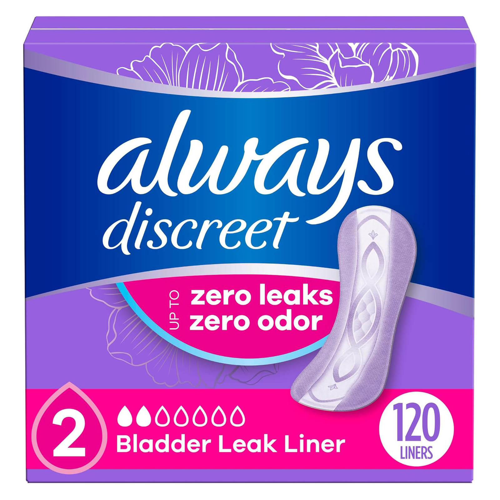 Always Discreet Adult Incontinence & Postpartum Liners for Women, Size 2, Very Light Absorbency, Regular Length, 120 Count (Packaging May Vary)