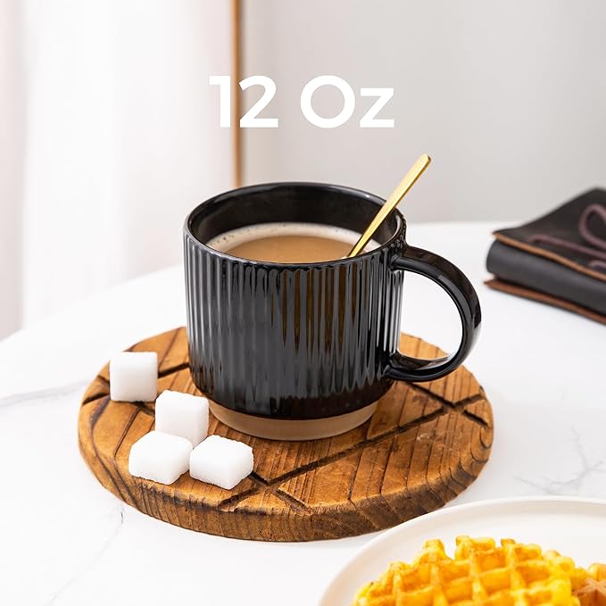 GBHOME 12OZ Stackable Coffee Mugs, Ceramic Coffee Mugs with Texture Patterns, Modern Coffee Mugs Set of 4 Dishwasher&Microwave Safe, Black