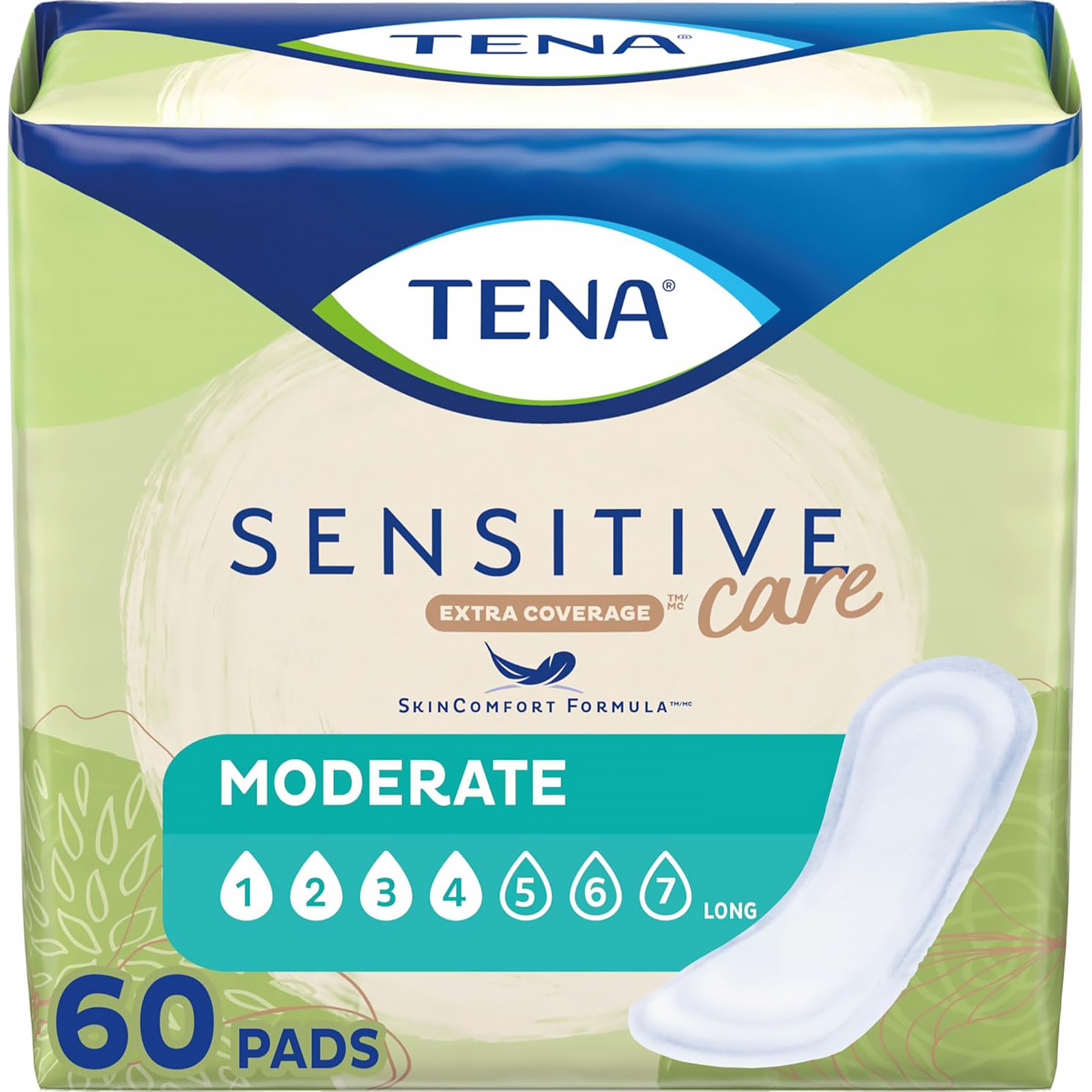 TENA Sensitive Care Extra Coverage Moderate Long Incontinence Pad, 60 Count