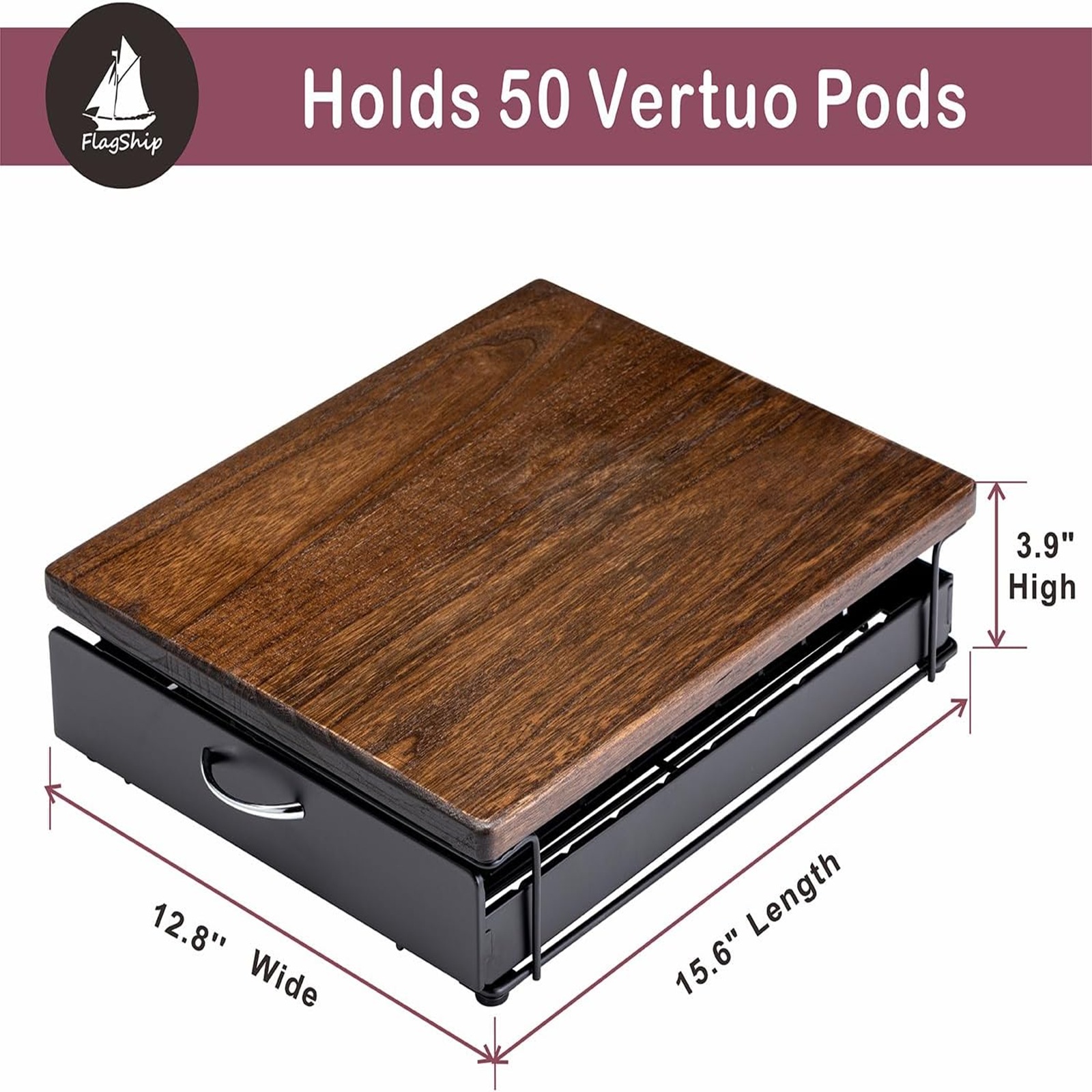 Flagship for Nespresso Pod Holder Vertuo Pod Drawer Coffee Pod Storage for Vertuo Pod with Elegant Wood Top(50 Pods Capacity)