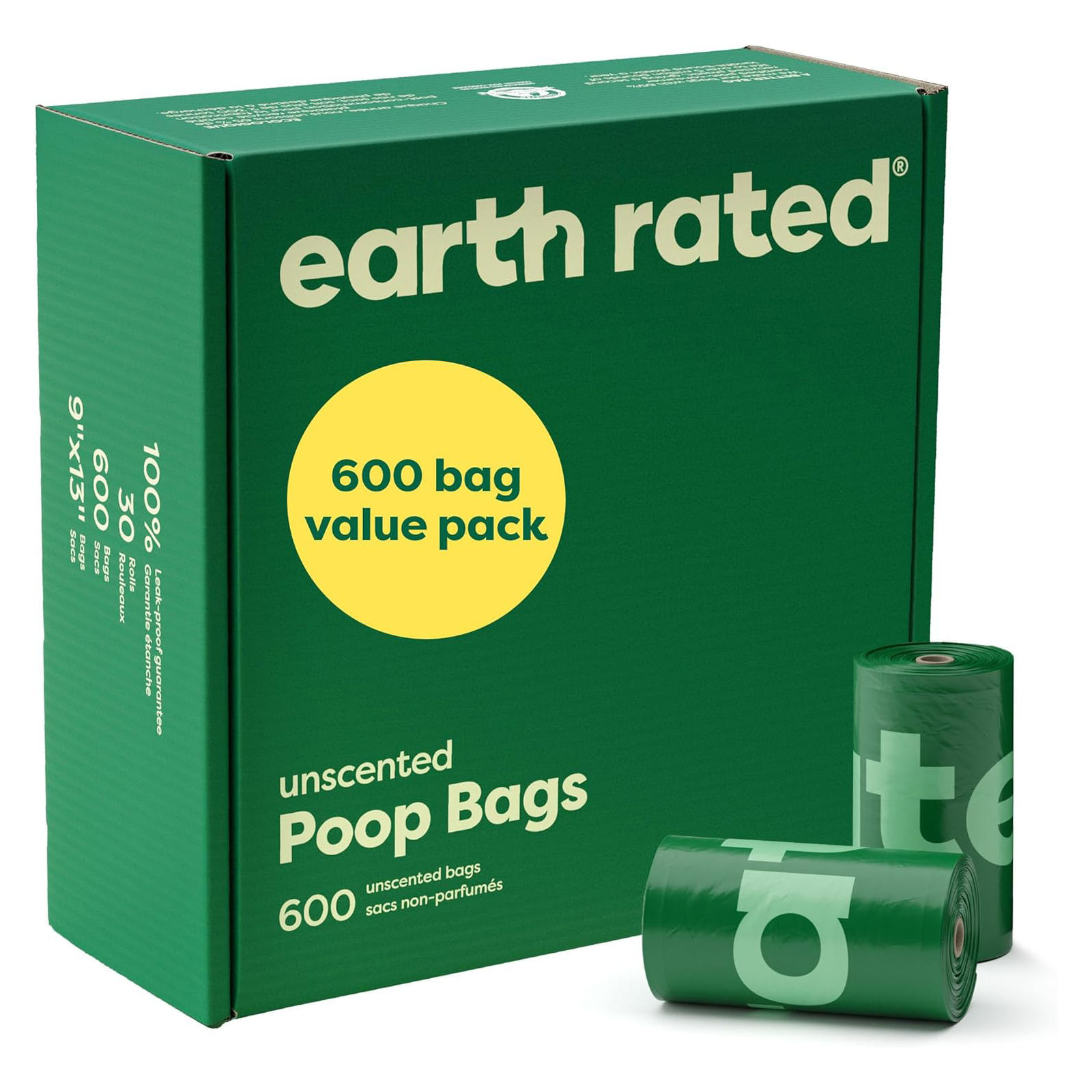 Earth Rated Dog Poop Bags Value Pack, Leak-Proof and Extra-Thick Pet Waste Bag for Big and Small Dogs, Refill Rolls, Unscented, 600 Count