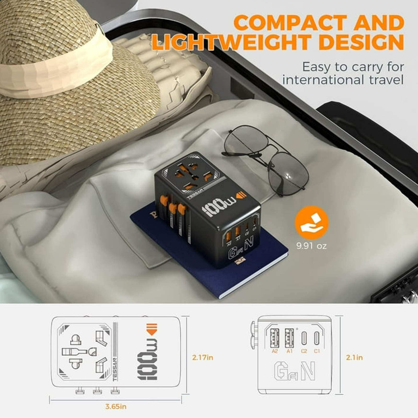 Tessan Universal Travel Adapter GaN 100W Worldwide Power Outlet Type C/G/A/I