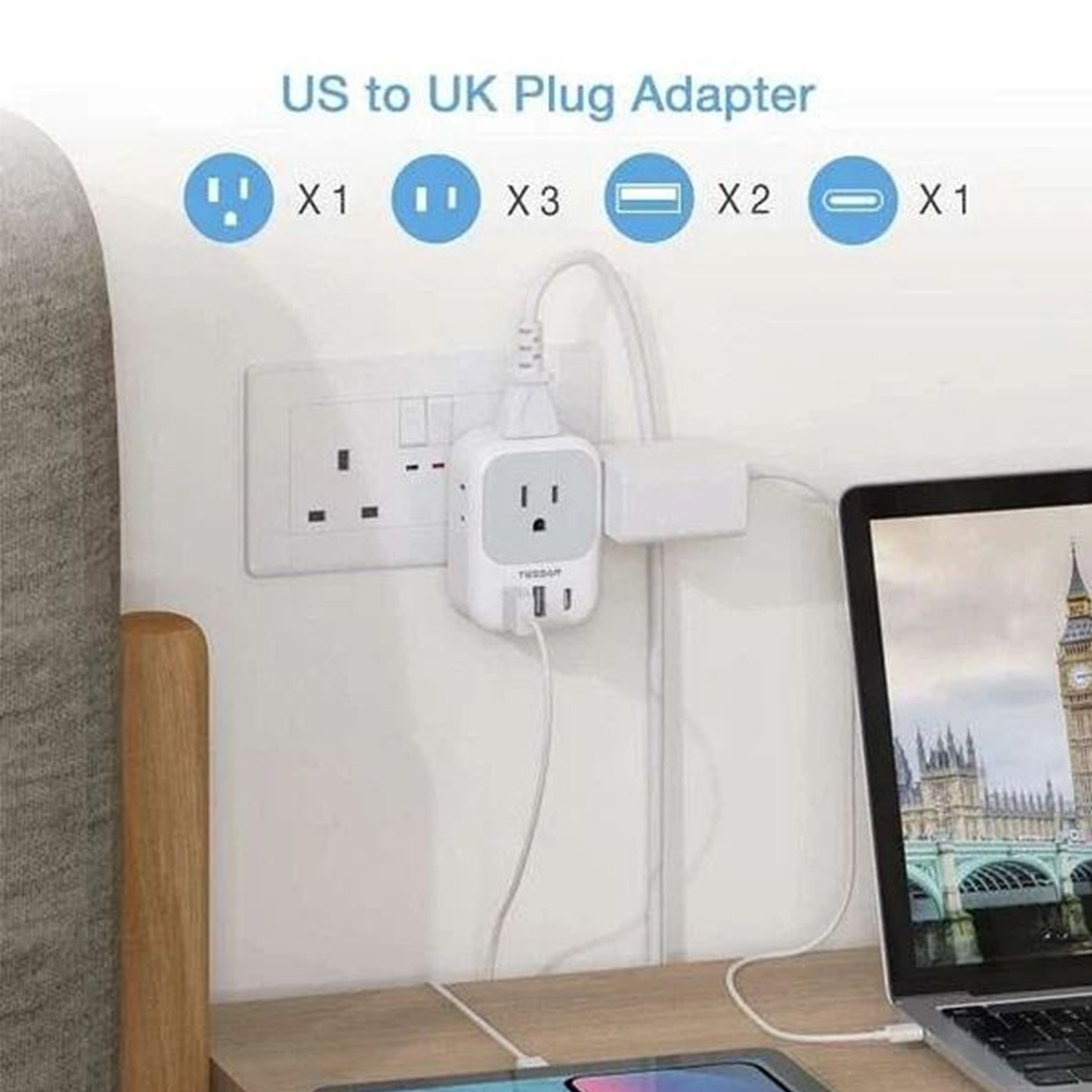 3-PACK: US To UK/HK/Saudi Arabia Travel Adapter With 4 Outlets 3 USB Ports (Fast Charging PD 15W)