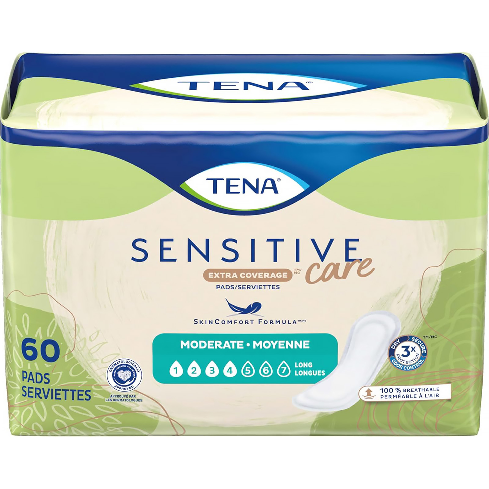 TENA Sensitive Care Extra Coverage Moderate Long Incontinence Pad, 60 Count