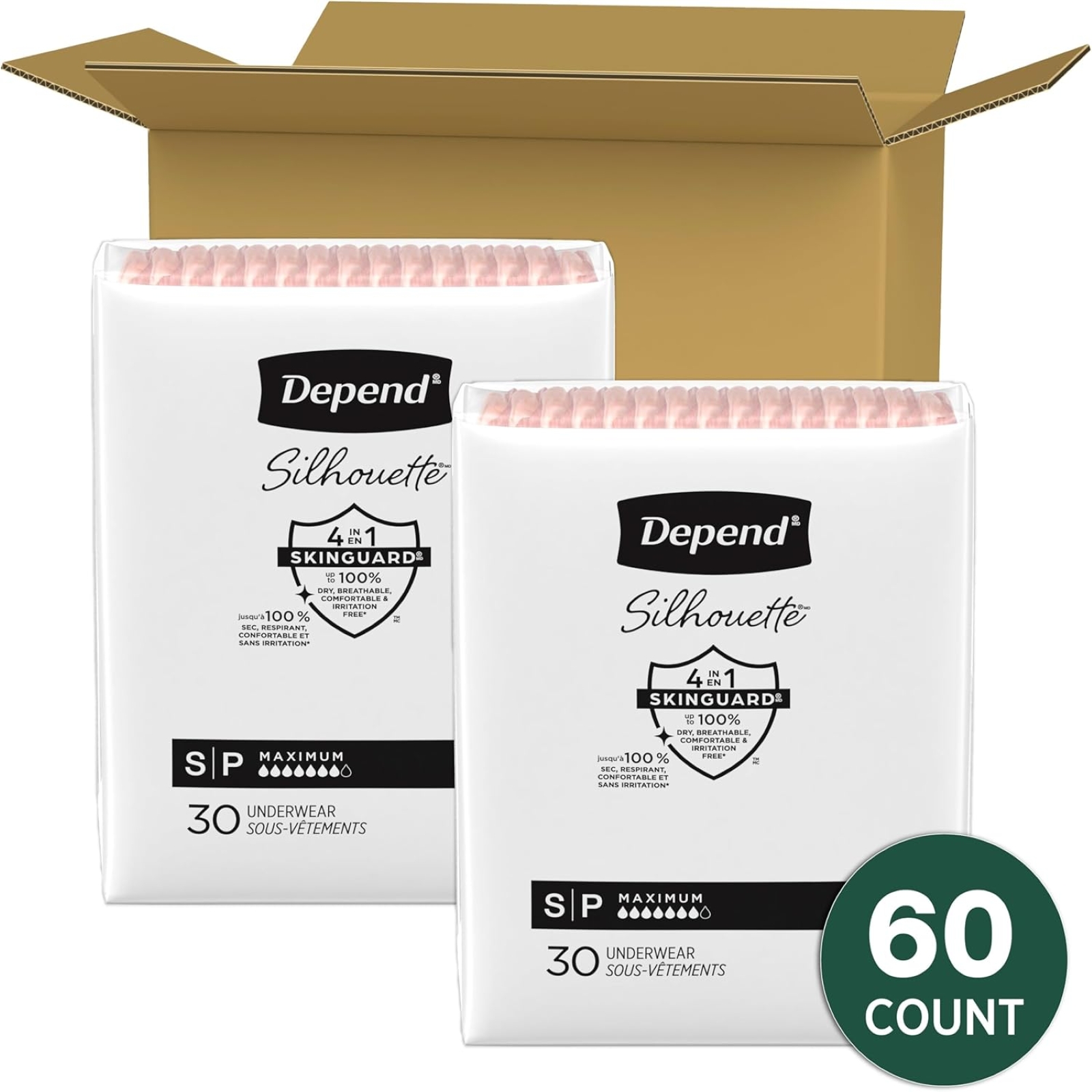 Depend Silhouette Adult Incontinence & Postpartum Bladder Leak Underwear for Women, Maximum Absorbency, Small, Pink, 60 Count (2 Packs of 30), Packaging May Vary
