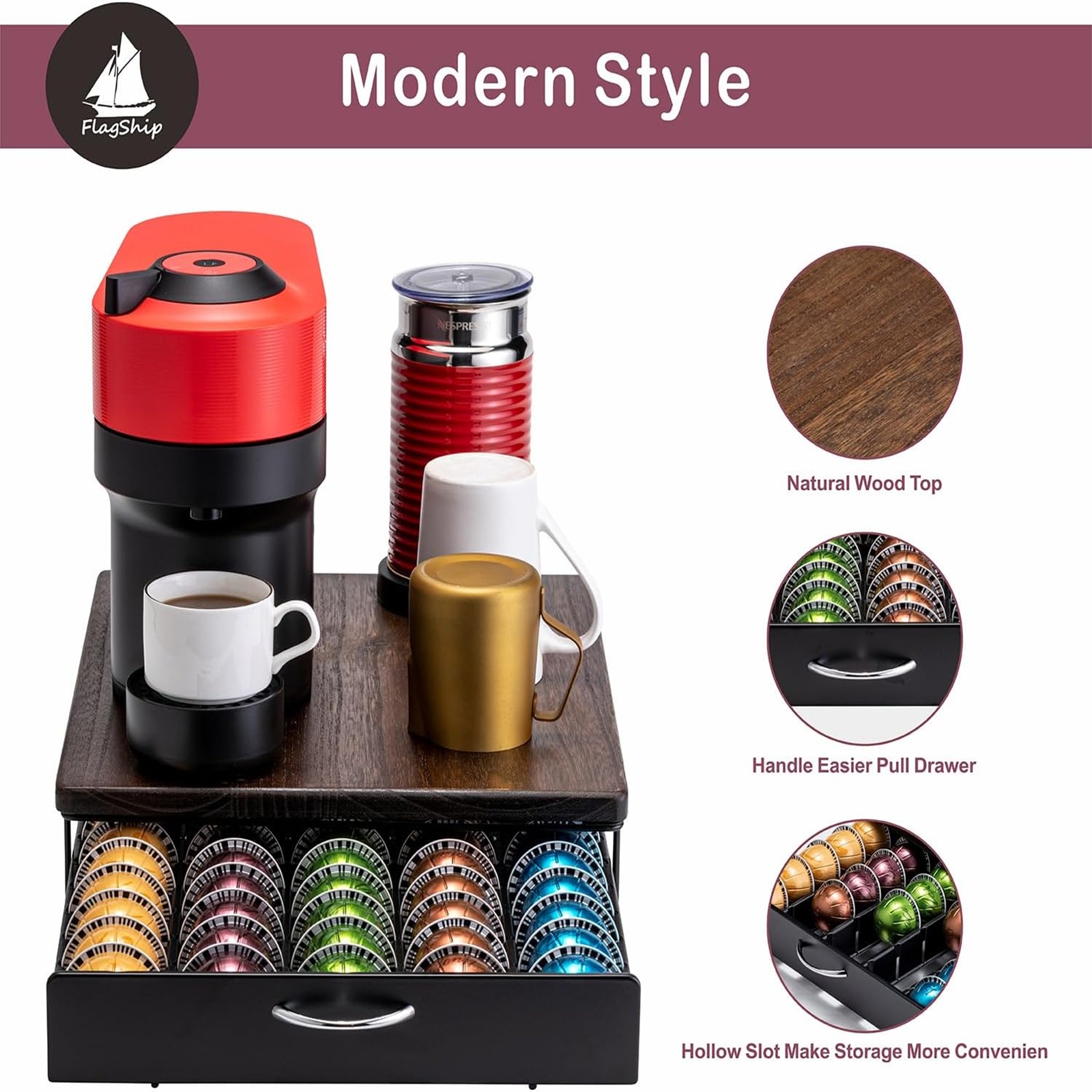 Flagship for Nespresso Pod Holder Vertuo Pod Drawer Coffee Pod Storage for Vertuo Pod with Elegant Wood Top(50 Pods Capacity)