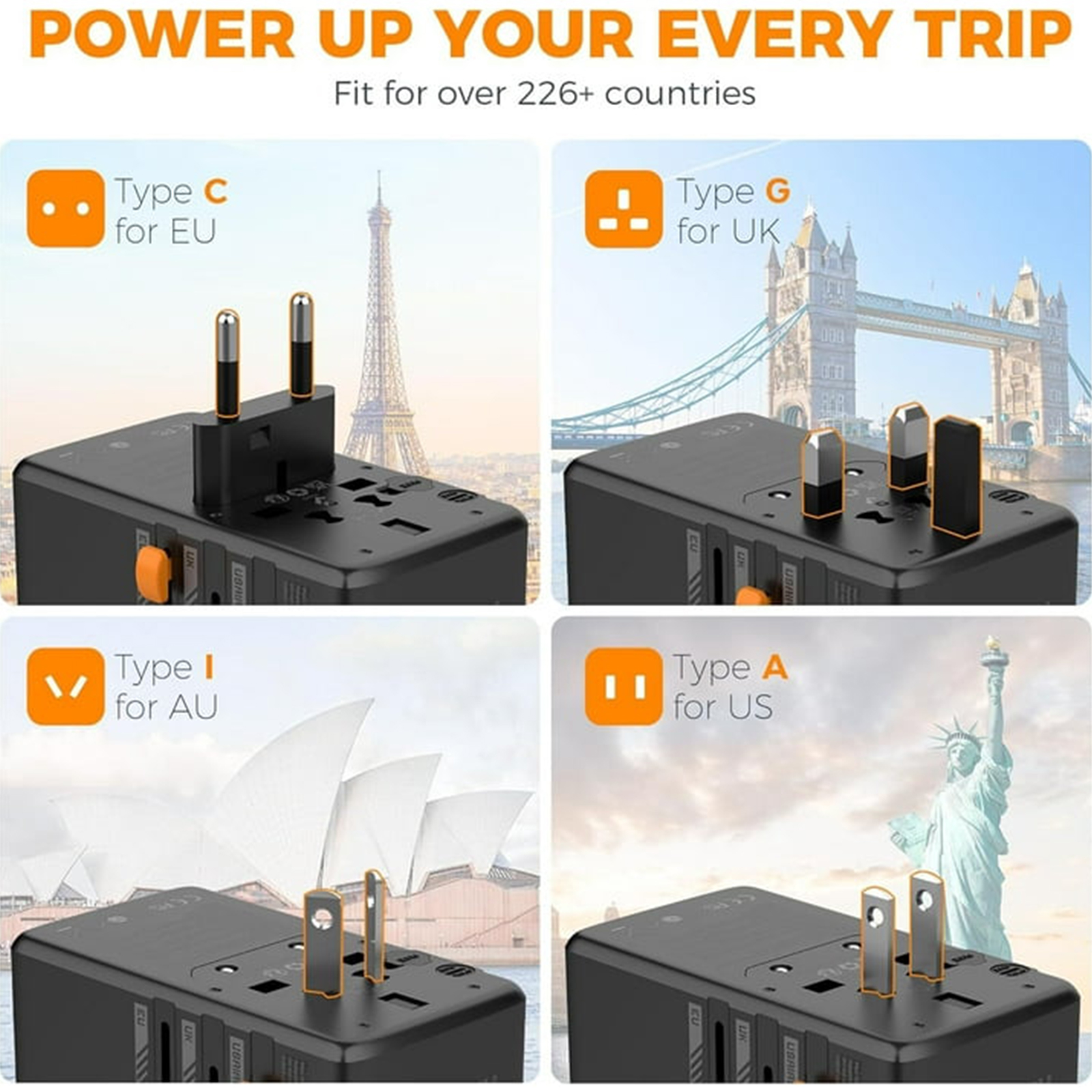 Tessan Universal Travel Adapter GaN 100W Worldwide Power Outlet Type C/G/A/I