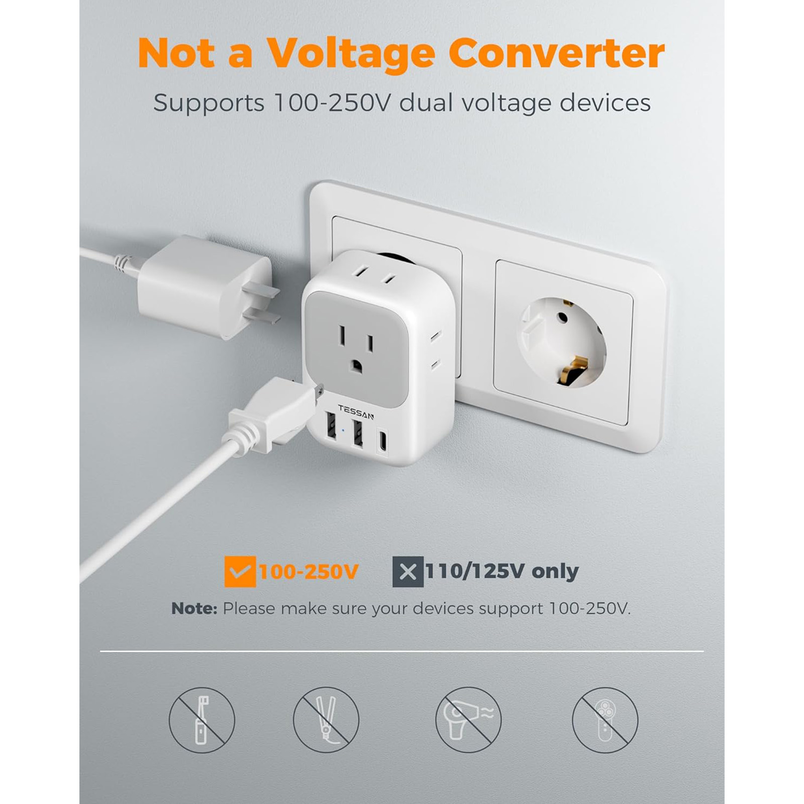 2 Pack European Plug Adapter USB C, TESSAN US to Europe Adapter 4 Outlets 3 USB