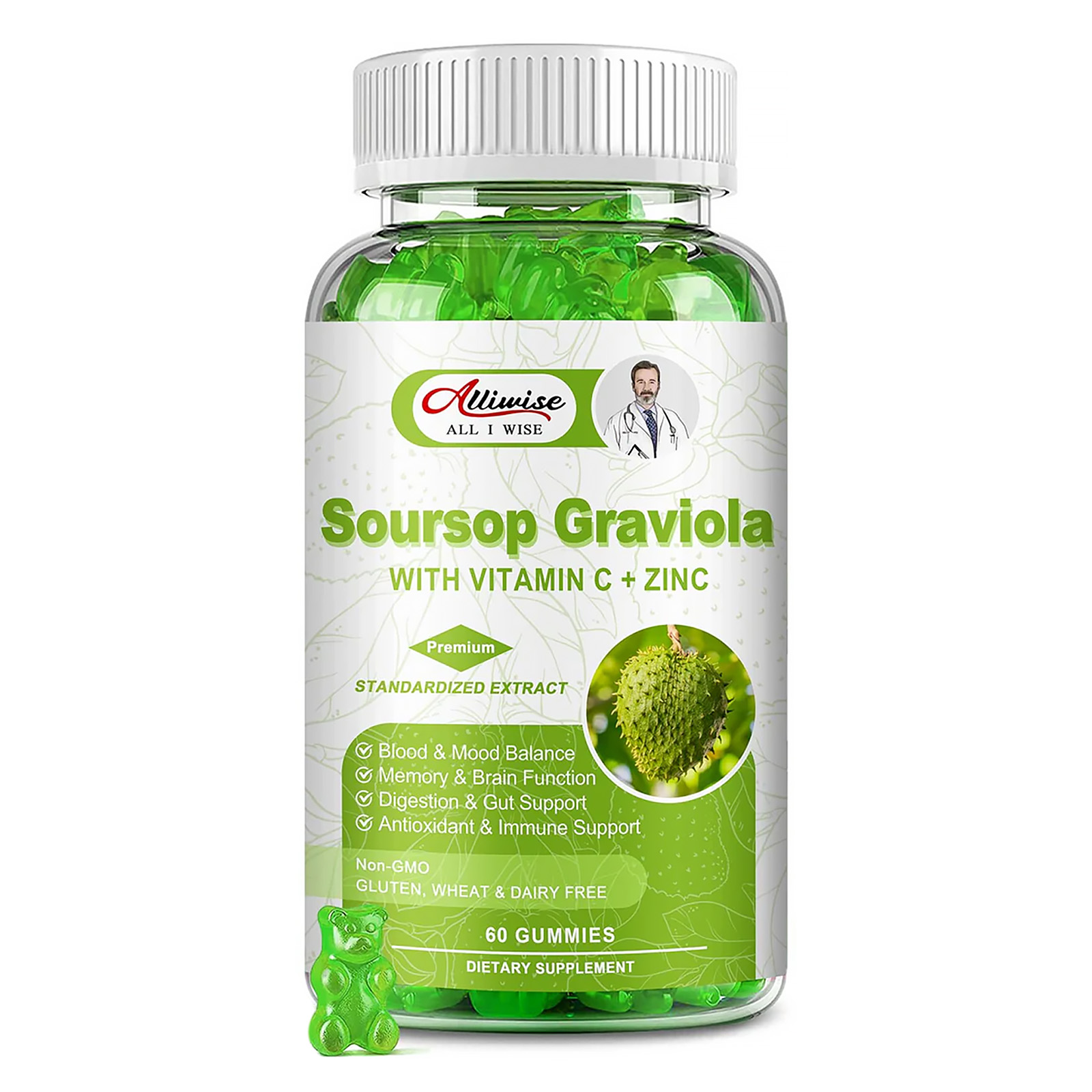 Alliwise Soursop Graviola Gummies | With Vitamin C & Zinc | Vegan & Gluten-Free