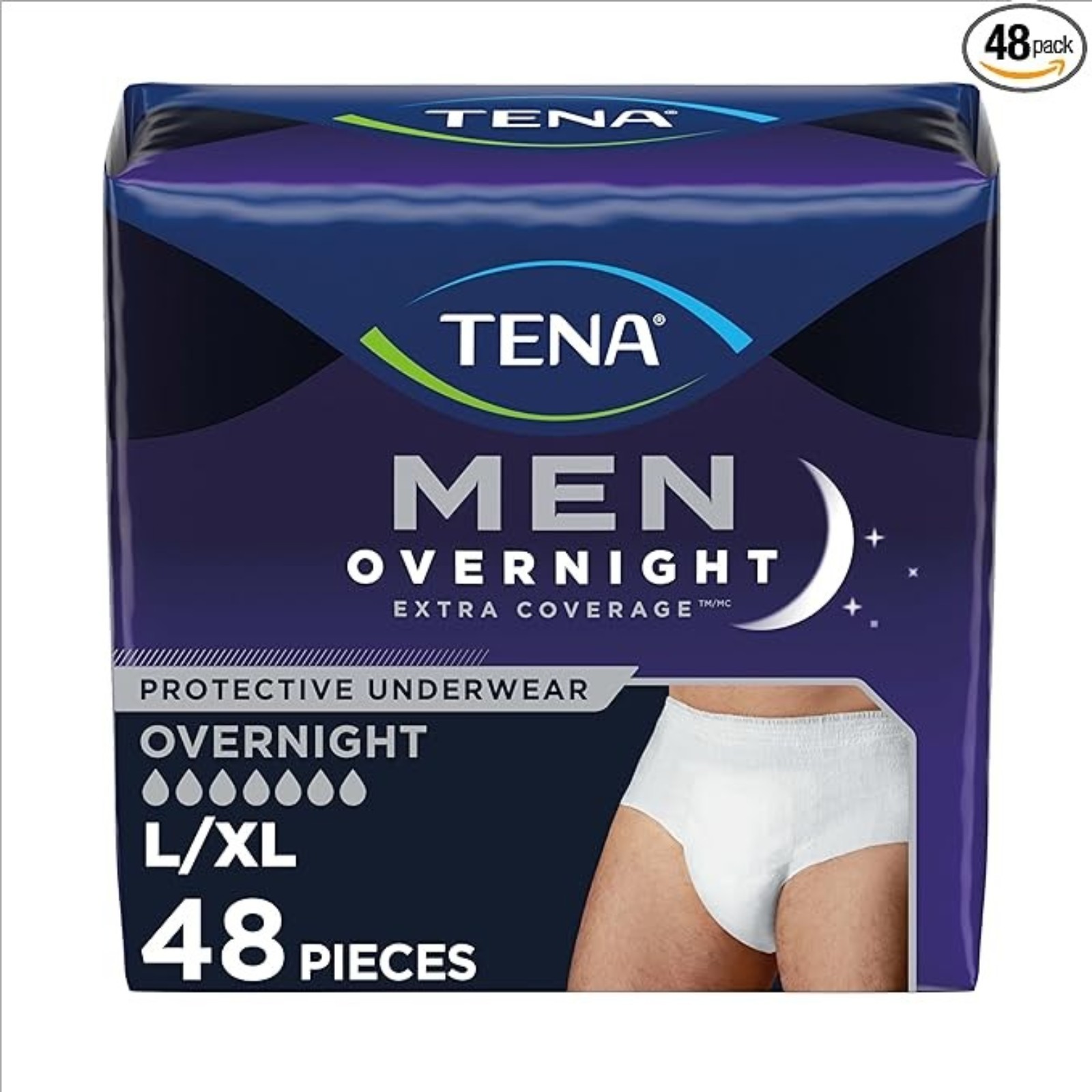 TENA Overnight Extra Coverage Incontinence Underwear for Men, Masculine Style and Discreet Cut Men's Underwear, Large/X-Large, 48 ct