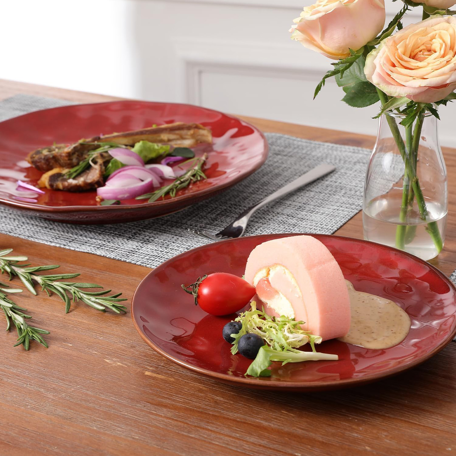 vicrays Ceramic Dessert Salad Plates, 8 Inch, Set of 6, (Cherry Red)