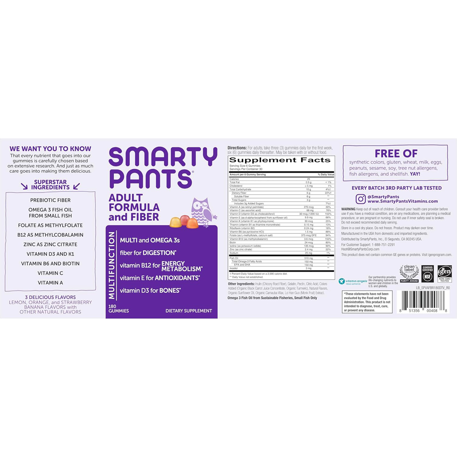 SmartyPants Fiber Supplement & Multivitamin for Men & Women, 180 ct_Exp 03/2026