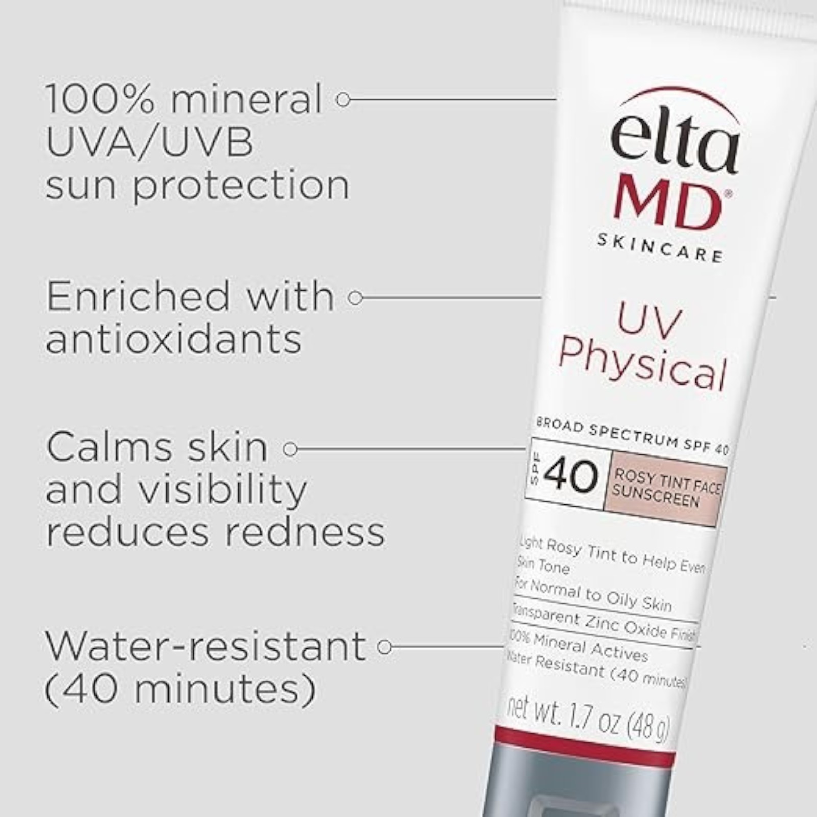 EltaMD UV Physical Tinted Sunscreen for Face, 100% Mineral Active Sunscreen - Rosy Tinted (Fair Skin) 1.7oz