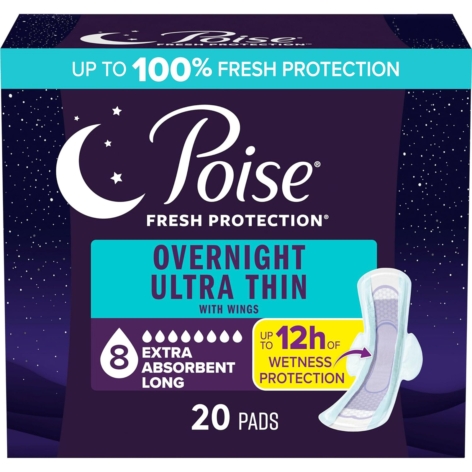 Poise Overnight Ultra Thin Pads (Incontinence/Postpartum), 8 Drop, Long, 20 Ct