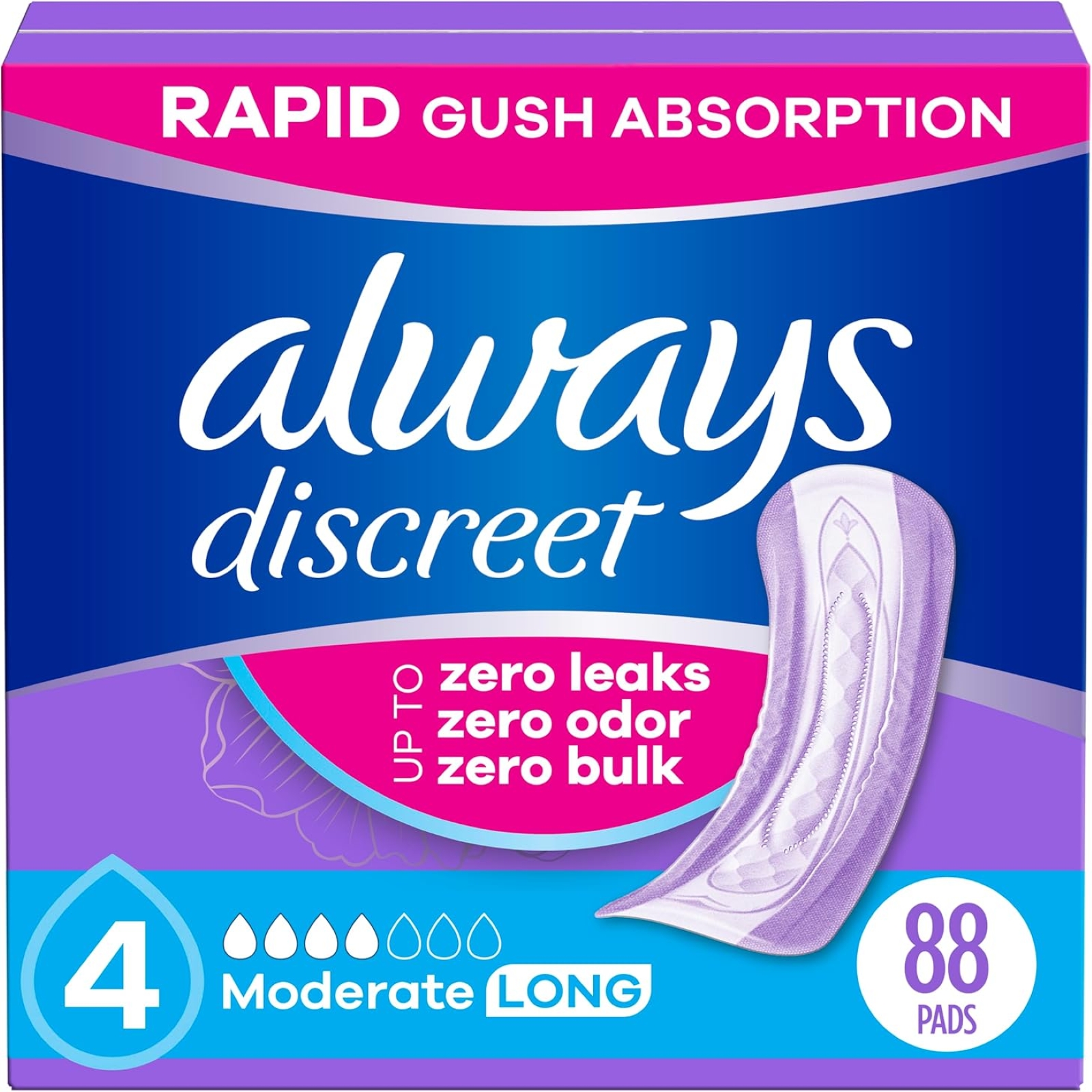 Always Discreet Adult Incontinence Pads for Women, Moderate Absorbency, Long Length, Postpartum Pads, 88 CT