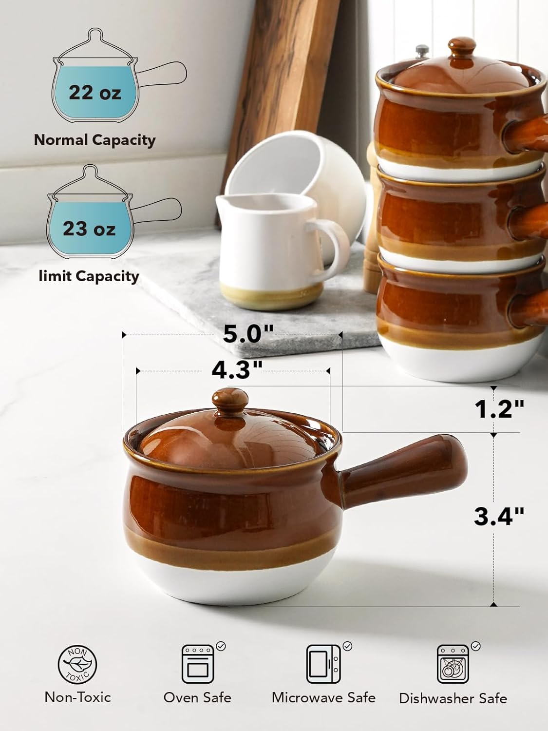 LE TAUCI French Onion Soup Bowls, 22 Ounce Ceramic Soup Bowls with Handles, Soup Crocks with Lids for Soup, Cereal, Chilli, Beef Stew, Oven Safe Stackable Serving Bowls Set, Set of 4