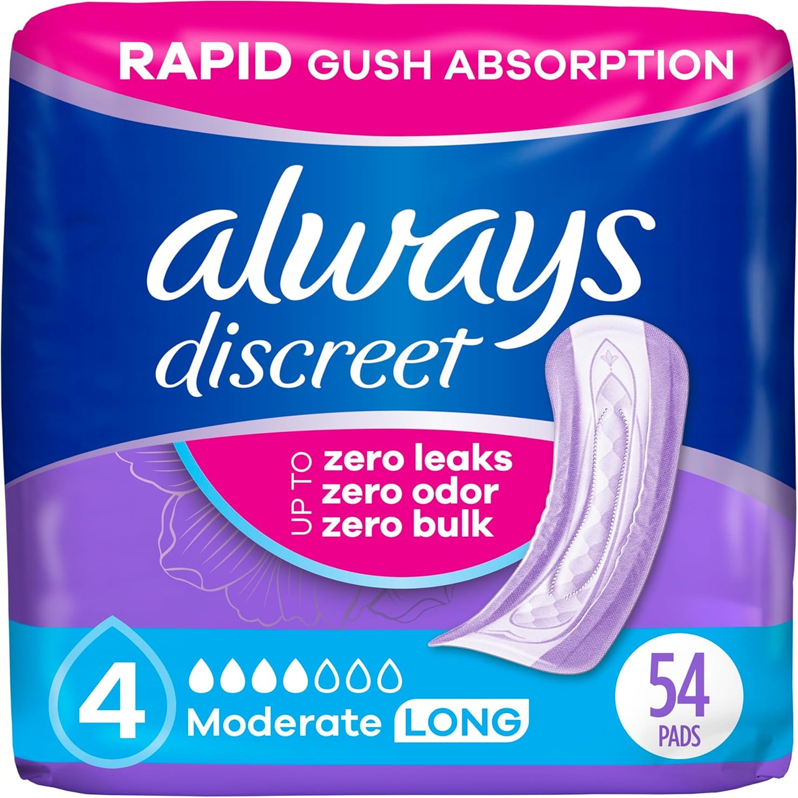 Always Discreet Incontinence Pads, Moderate Absorbency, Regular Length, 54 CT