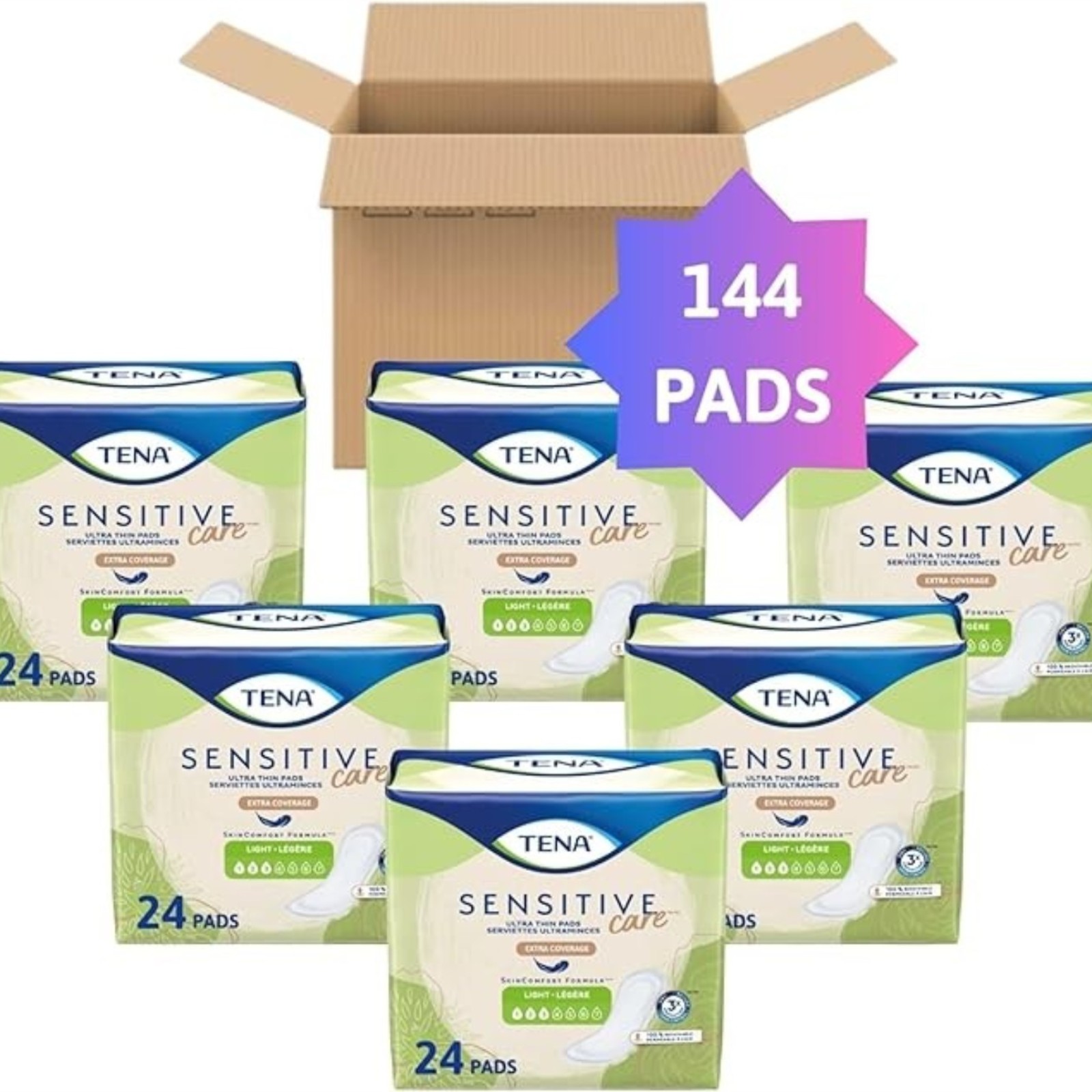 Tena Sensitive Care Ultra Thin Long Adult Incontinence Pads Extra Coverage Postpartum for Women, Light Absorbency, 144 Count